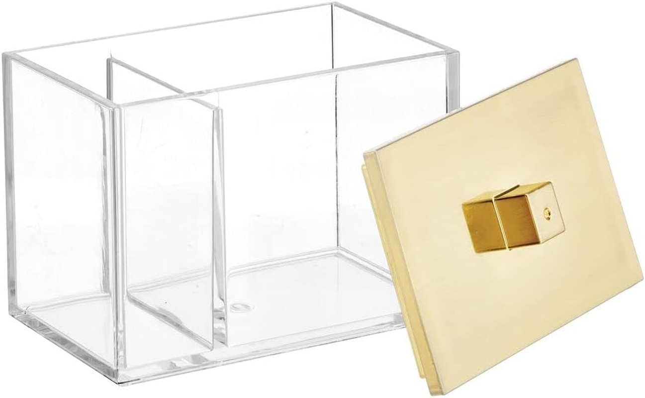 Mdesign Modern Square Bathroom Vanity Countertop Storage Organizer Canister Jar for Cotton Swabs, Rounds, Balls, Makeup Sponges, Bath Salts - 2 Divided Sections - Clear/Soft Brass image number 1