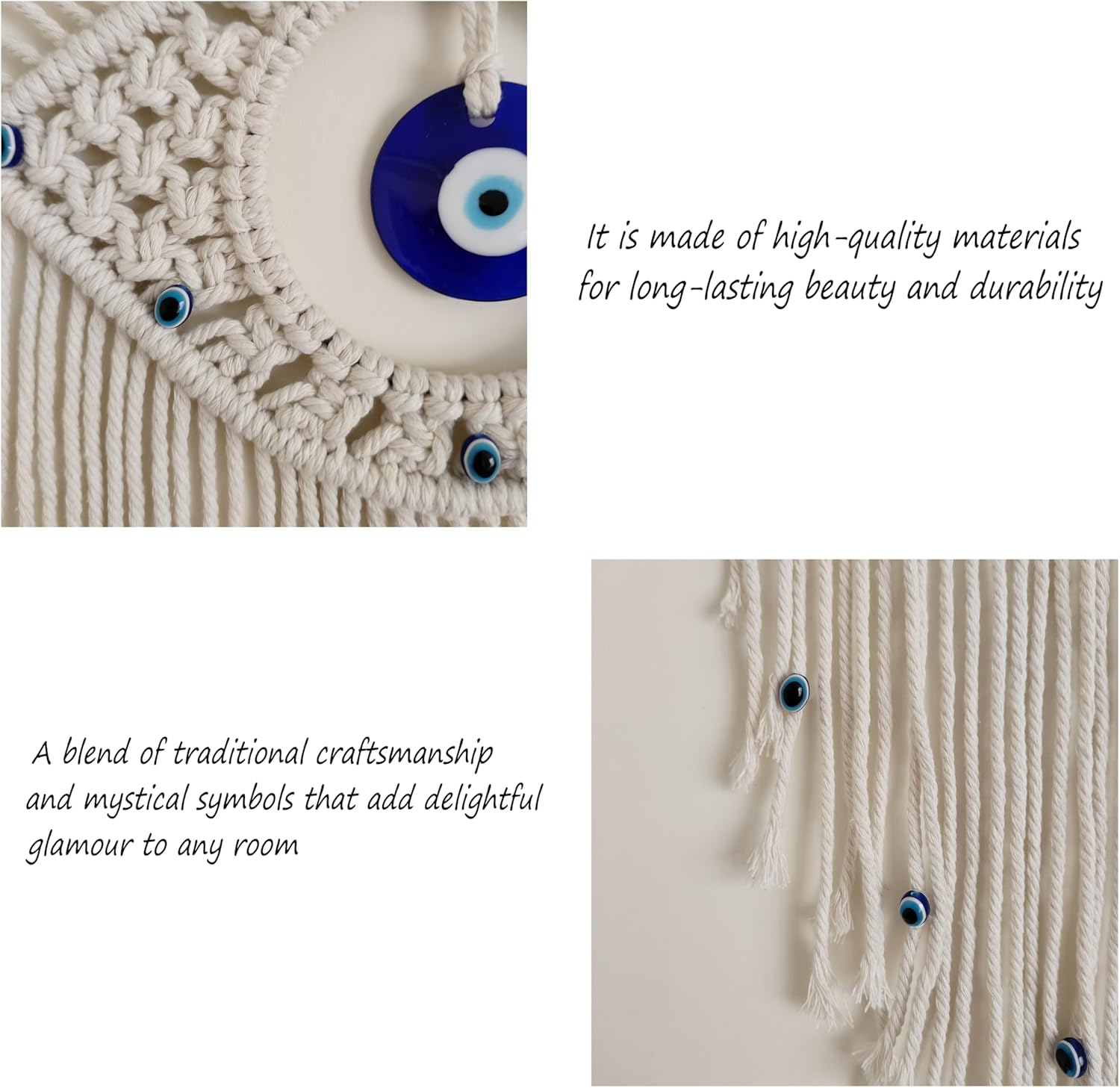 Bohemian Hand-Woven Blue & Evil Eye Wall Art|Artisan Macram&eacute; Bedroom/Dorm Decor|Protective Spiritual Hanging with Cotton Tassels|Boho Home Gift