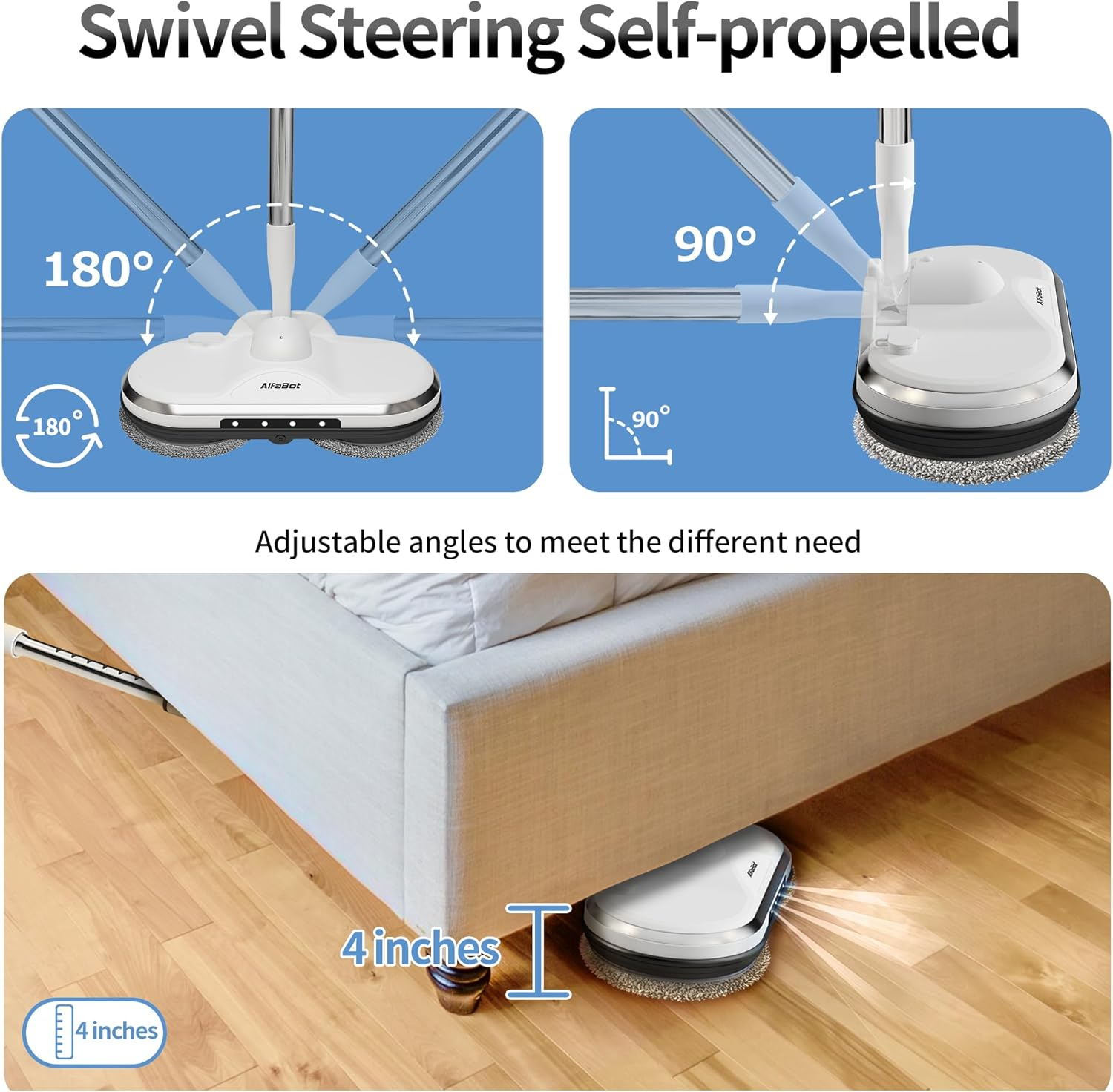 Alfabot WS-24 Cordless Electric Mop, Electric Spin Mop for Floor Cleaning, with Lightweight & Rechargeable Floor Cleaner with Water Sprayer and LED Headlight for Hardwood and Tile Floors, White image number 6