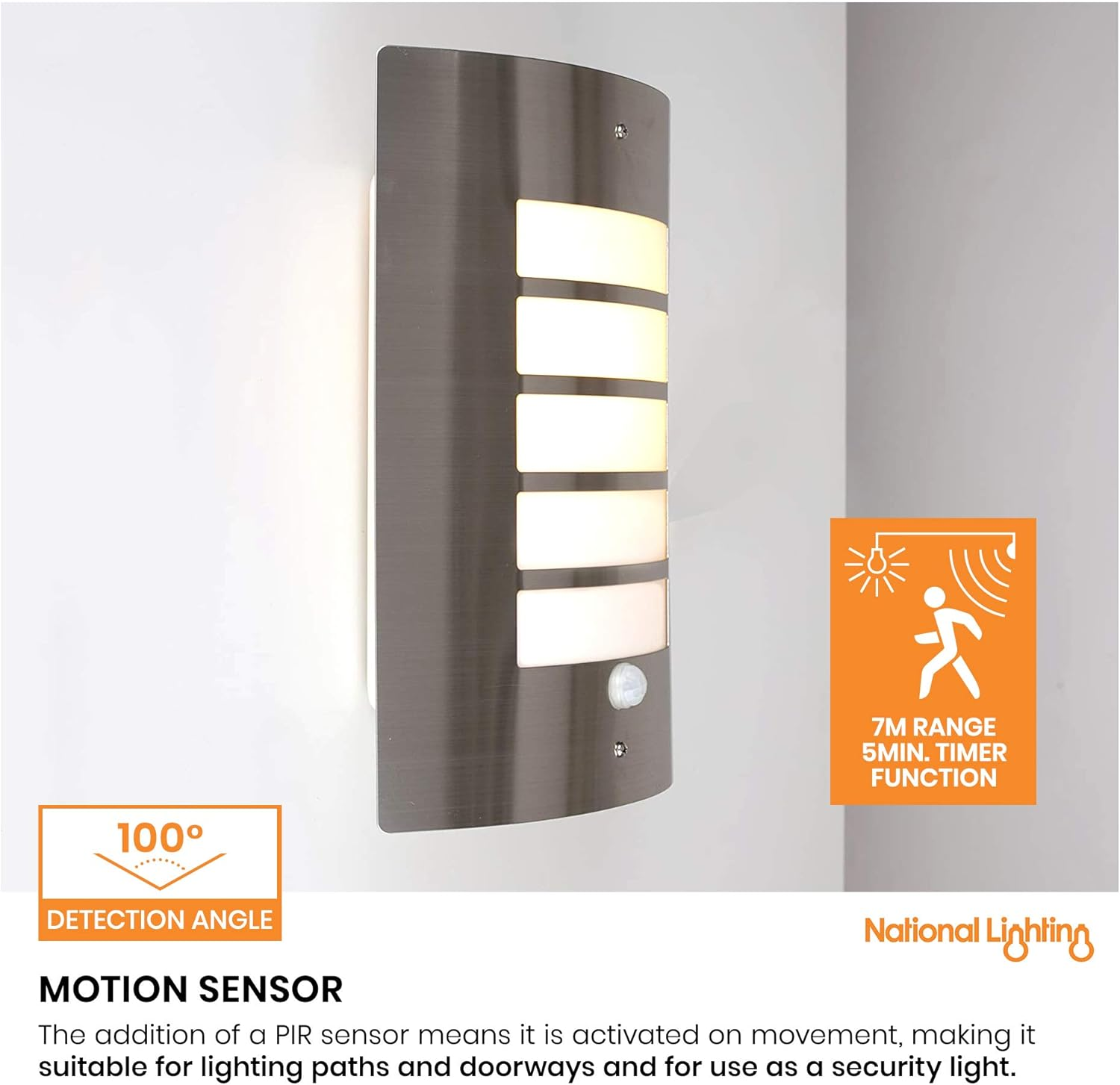 Bianco Stainless Steel and Frosted Opal Lens Curved IP44 Rated PIR Motion Sensor Outdoor Garden Wall Mounted Security Light image number 3