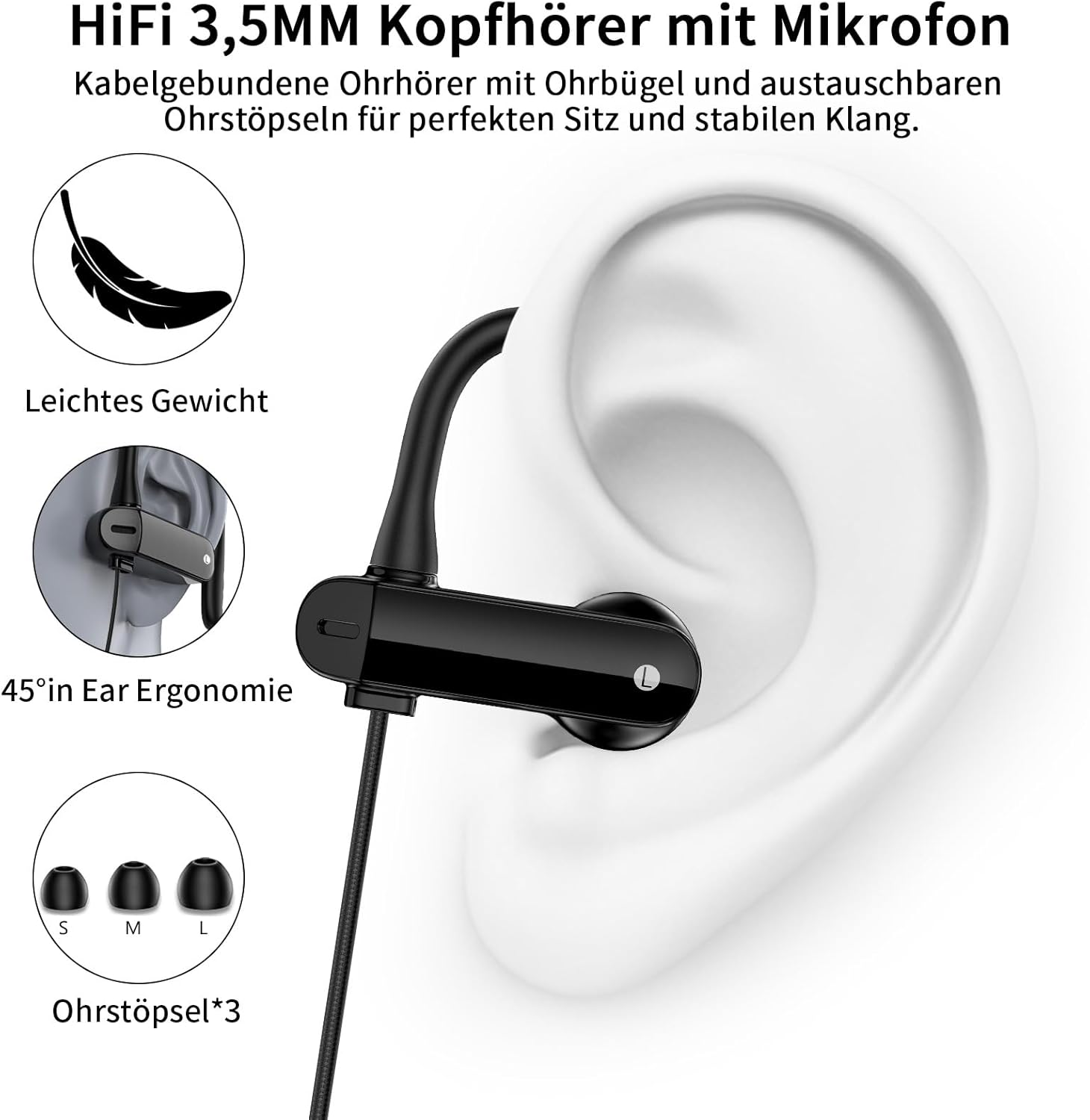 In-Ear Headphones with Cable Sports Headset with Ear Hooks 1.8 M Microphone and Volume Control 3.5 Mm Headphones for Samsung A25 Iphone Ipad Hifi Sound for MP3 MP4 Laptop Gaming Office Workout Music