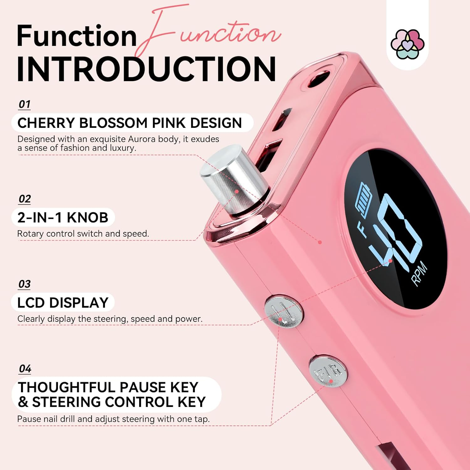 SAVILAND Electric Nail Drill Professional: 40000RPM Pink Nail Filer Electric Manicure Pedicure 13 Nail Drill Bits for Acrylic Nails False Nails Gel Nails Dip Nail Artificial Nails Home Salon