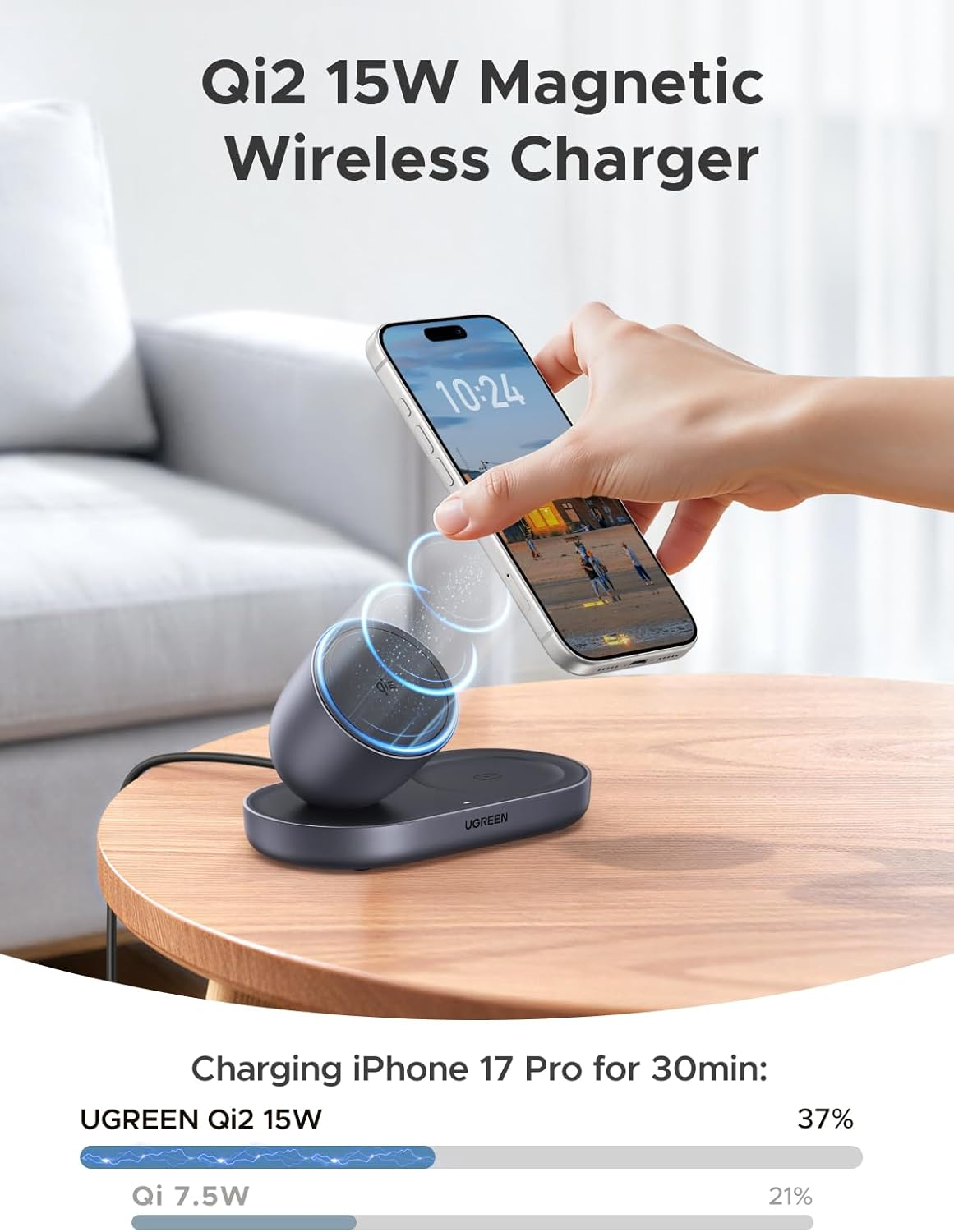 UGREEN for 15W Magsafe Charger Qi2 Certified, 2-In-1 Wireless Charger Stand, Magnetic Charging Station, Compatible with Iphone 17/16/15/15 Plus/15 Pro/15 Pro Max/14/13/12, Airpods image number 6