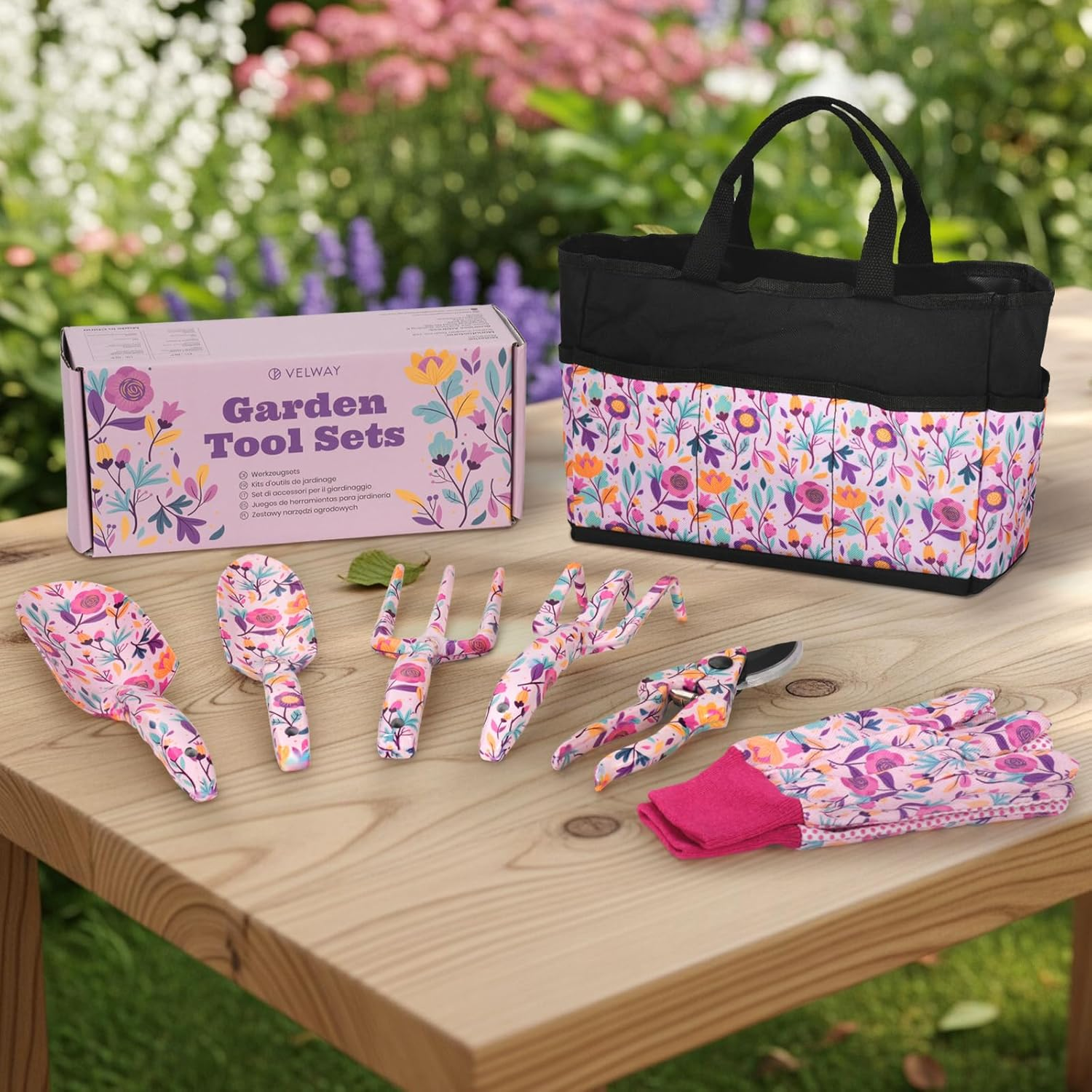 Velway Garden Tool Set 5-Piece Garden Tools with Floral Pattern & Gift Box Including Gloves, Garden Shovel, Scissors image number 3