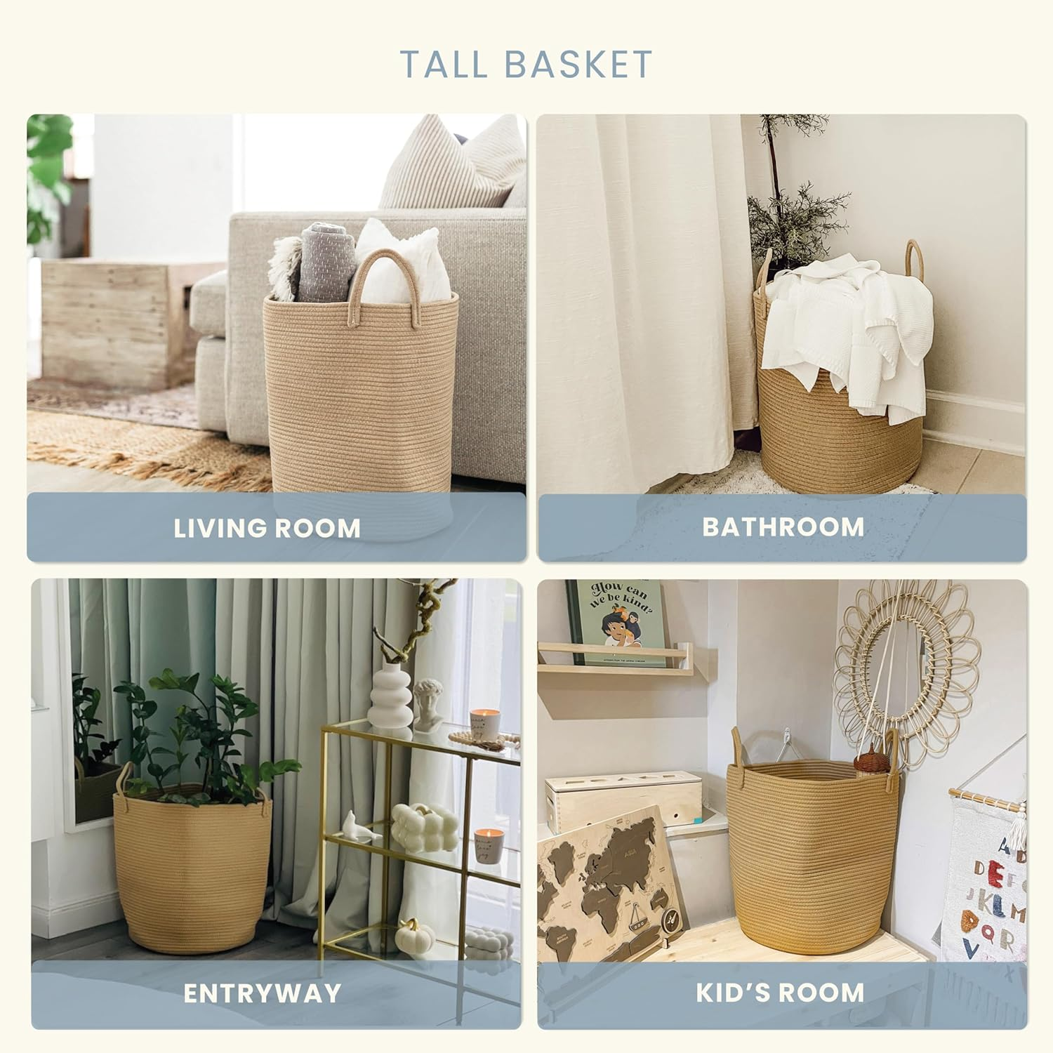 Organihaus Large Woven Cotton Rope Basket 15X18 | Tall Storage for Living Room, Nursery, Laundry | Big Container for Toys, Blankets - Honey image number 2