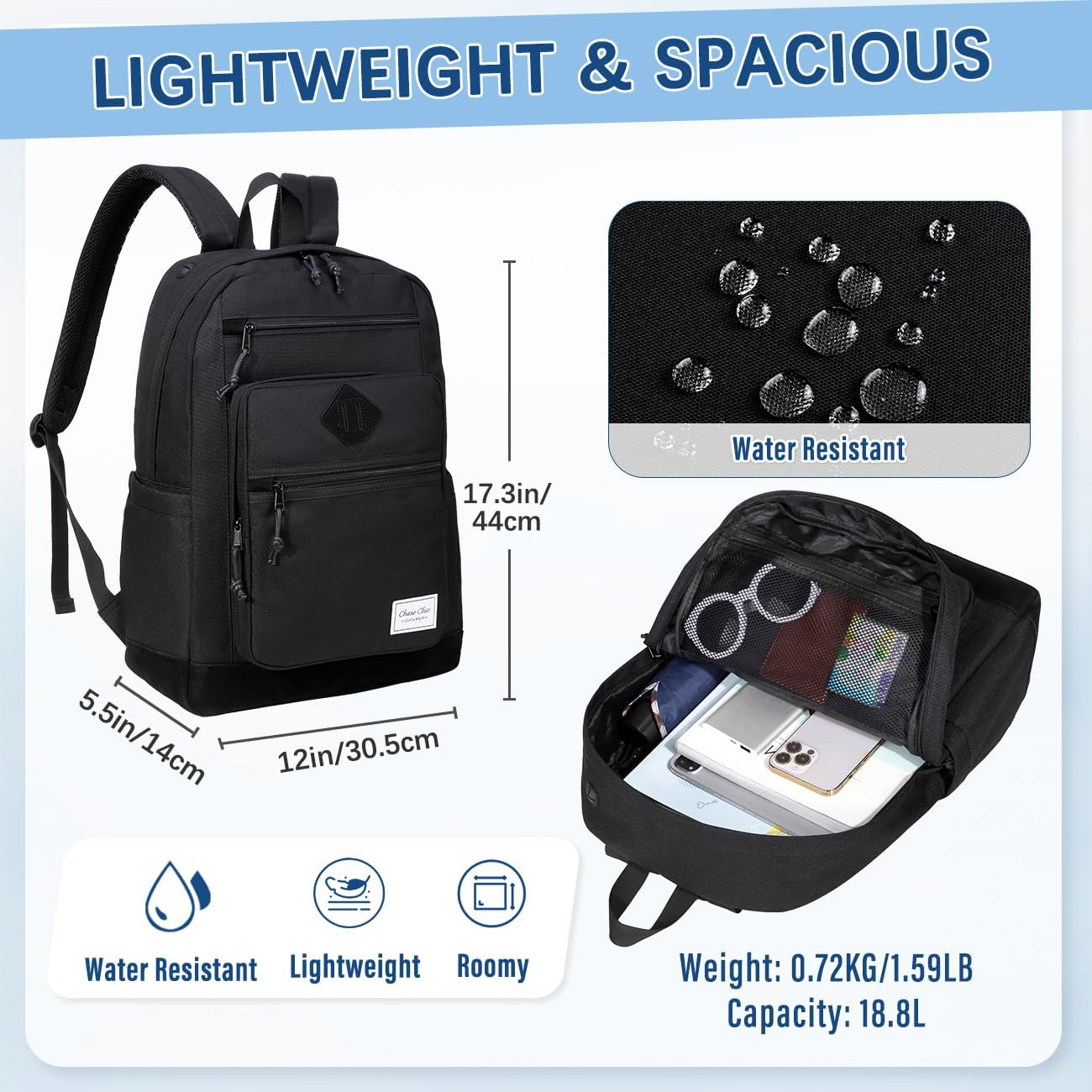 Chase Chic Backpack for Men Women, Causal Travel School Bag 15.6 Inch Lightweight Laptop Backpacks for Teenage Girls Boys image number 5