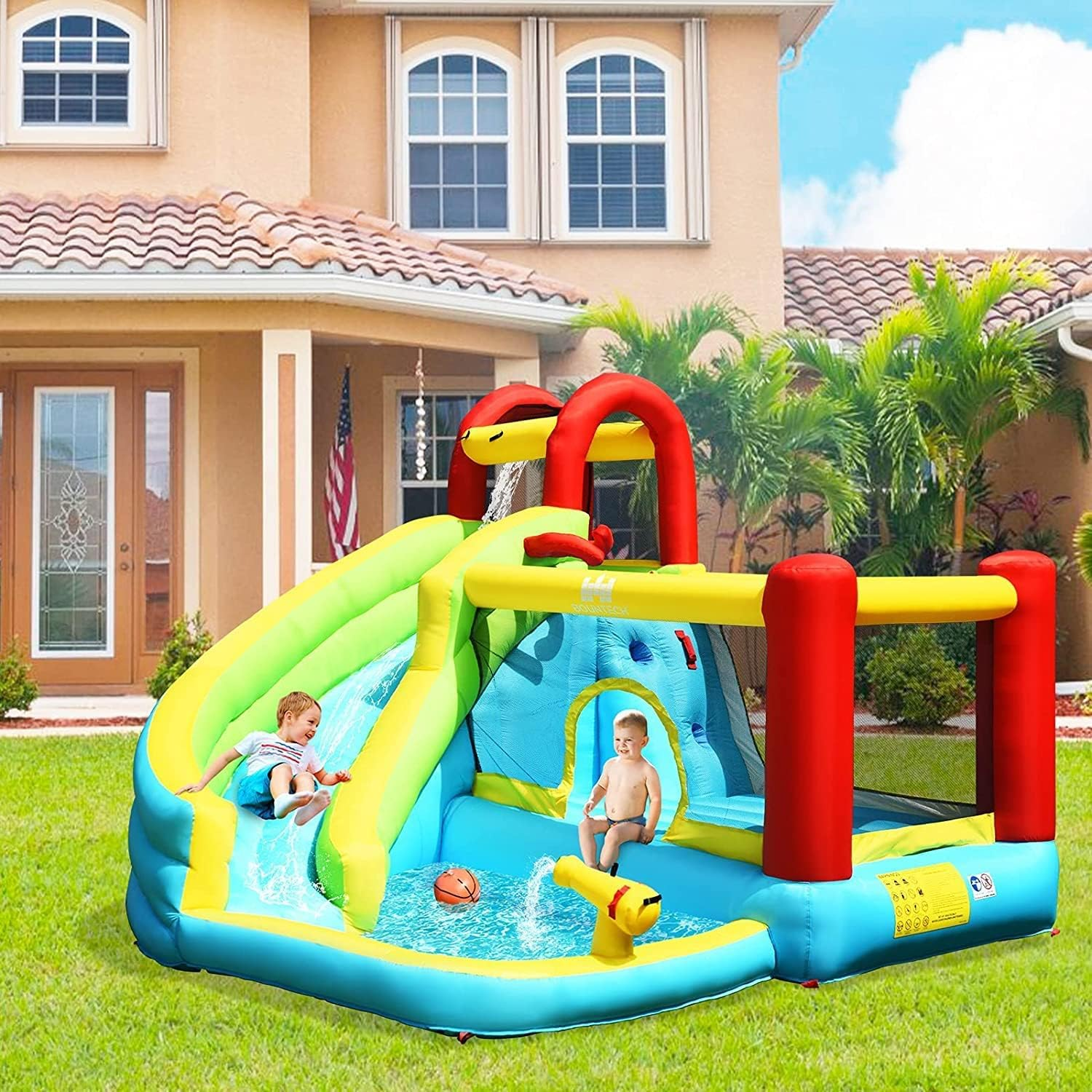 HONEY JOY 6 in 1 Inflatable Water Slide Water Park, Kids Jumping Castle Splash Pool W/Climbing Wall, Water Cannon, Basketball Hoop, Inflatable Bounce House Outdoor for Children (With 550W Blower) image number 1
