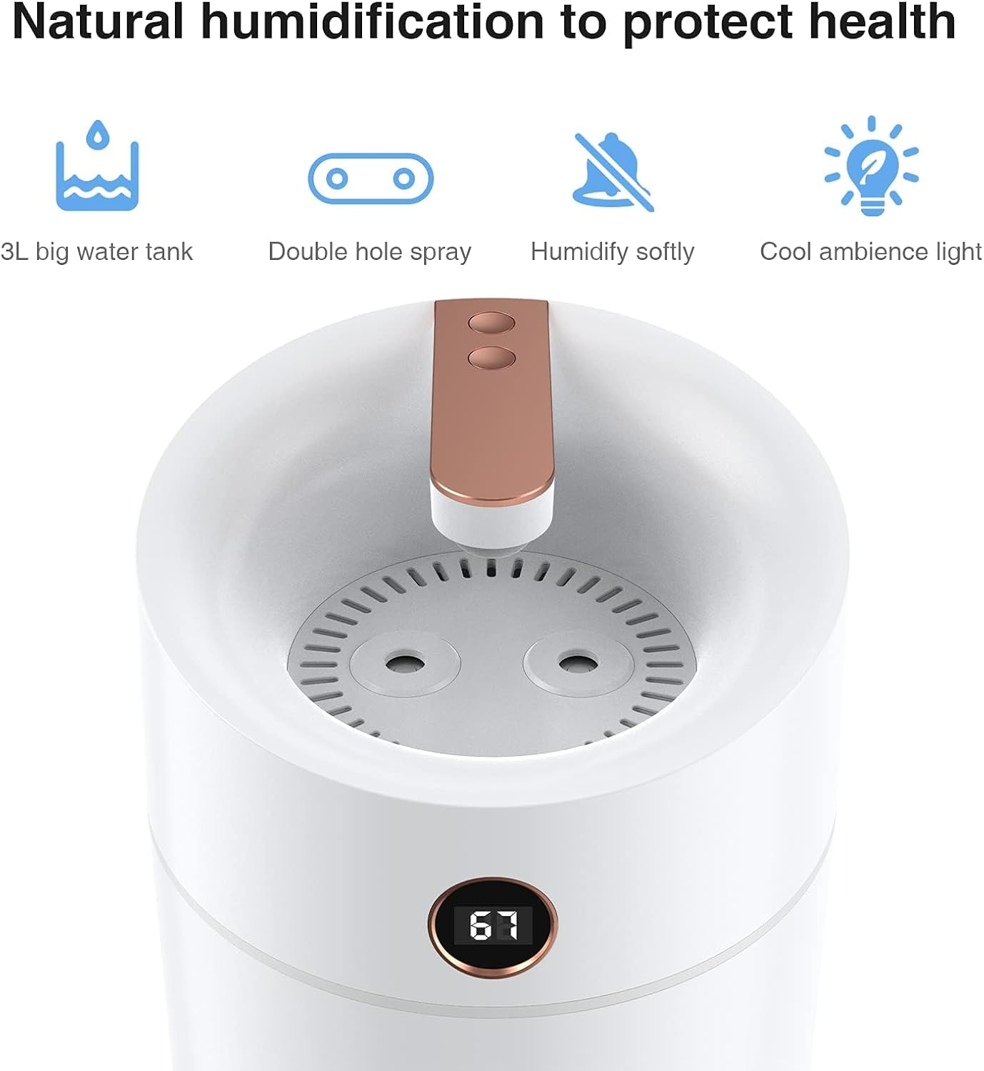 Air Humidifier for Bedroom, 3L Cool Mist Humidifier with Humidity Monitoring Top Fill, Quiet Operation, 7 Color Night Light Function, Auto Shut-Off, Double Nozzle, White image number 5