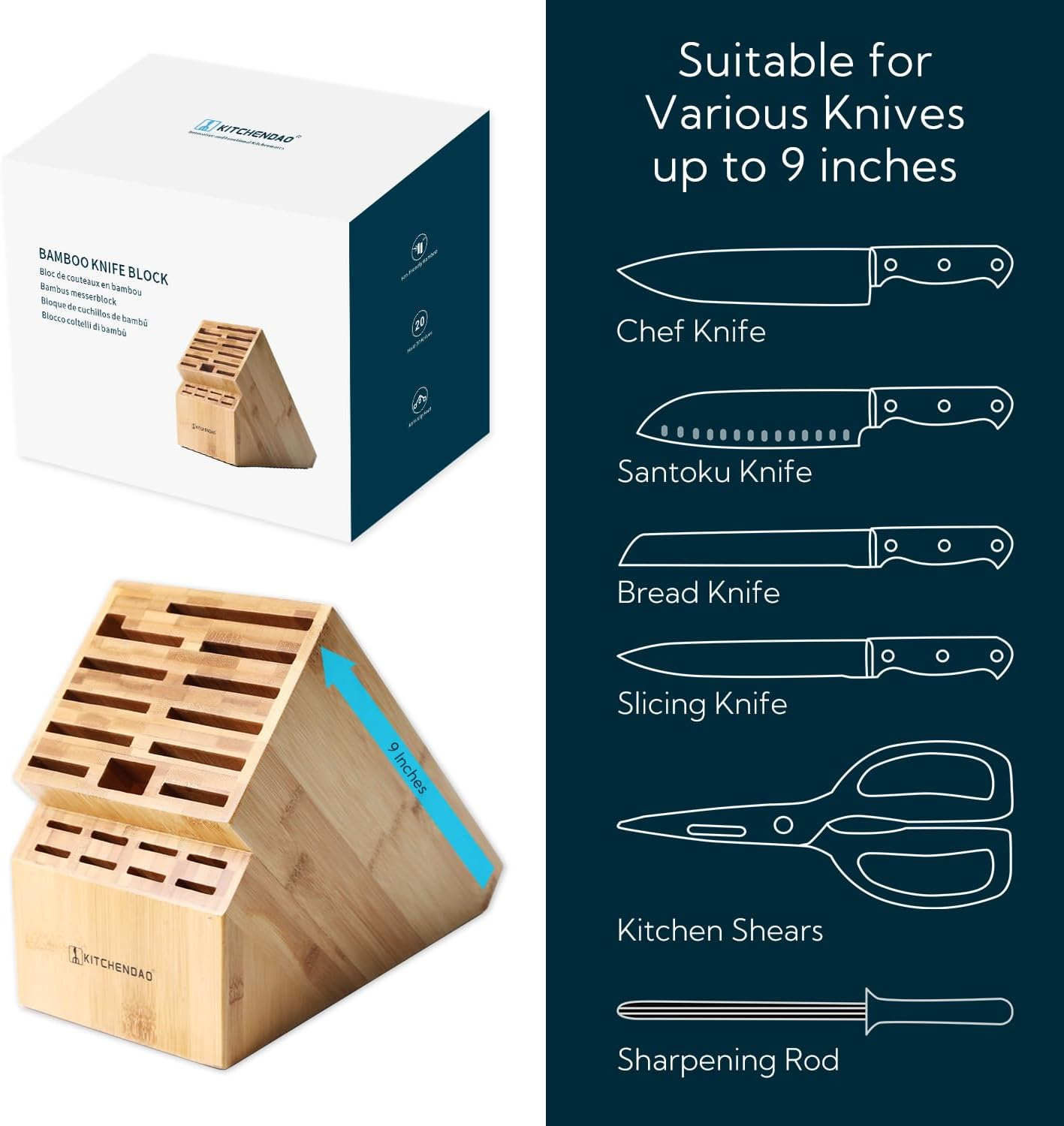 KITCHENDAO Deluxe 20 Slot Bamboo Knife Block without Knives, Countertop Butcher Block Kitchen Knife Stand, Hold Multiple Large Blade Knives, Wider Slots for Easier Storage image number 5