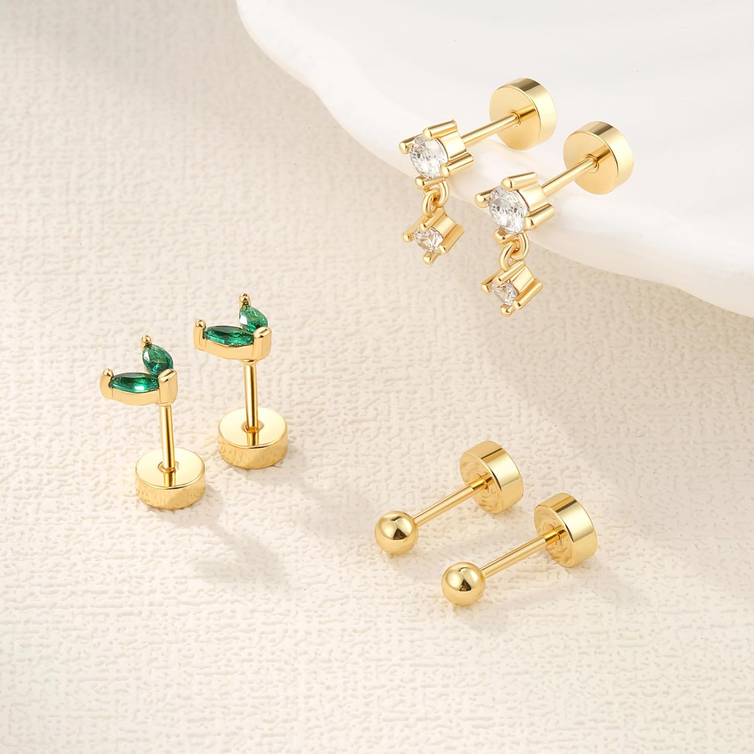 LYLYMIMI 7Pairs 14K Gold Plated Huggies Hoop Studs Earrings for Women Small Dangle Hoop Earrings Gold Green Earrings Set for Multiple Piercing image number 4