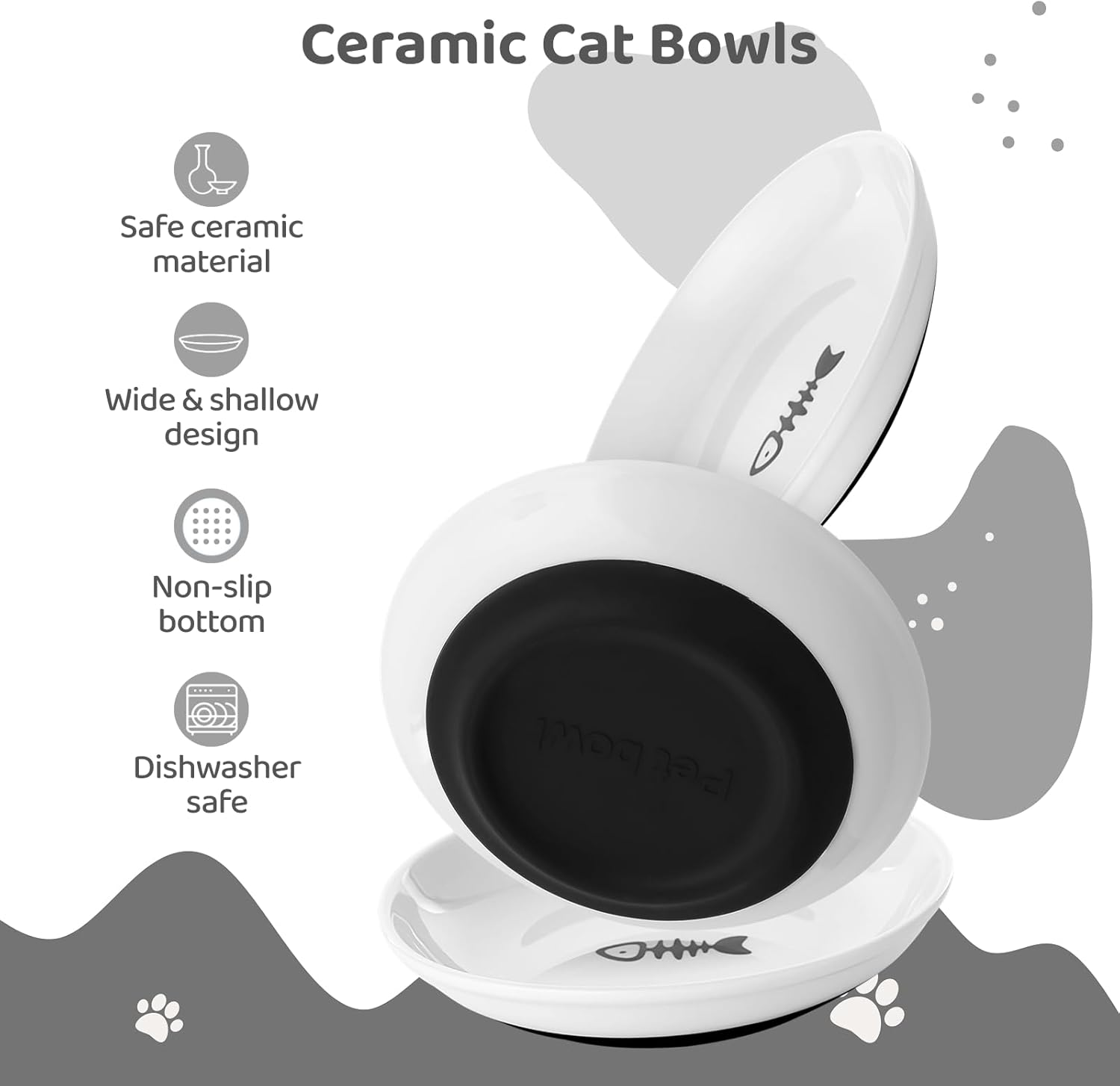Dorakitten 10 Pcs Ceramic Cat Bowls, No Whisker Fatigue Wide Shallow Cat Dishes with Non-Slip Silicone Bottom, Pet Cat Food Water Plates Bowls, 15Cm Diameter image number 3