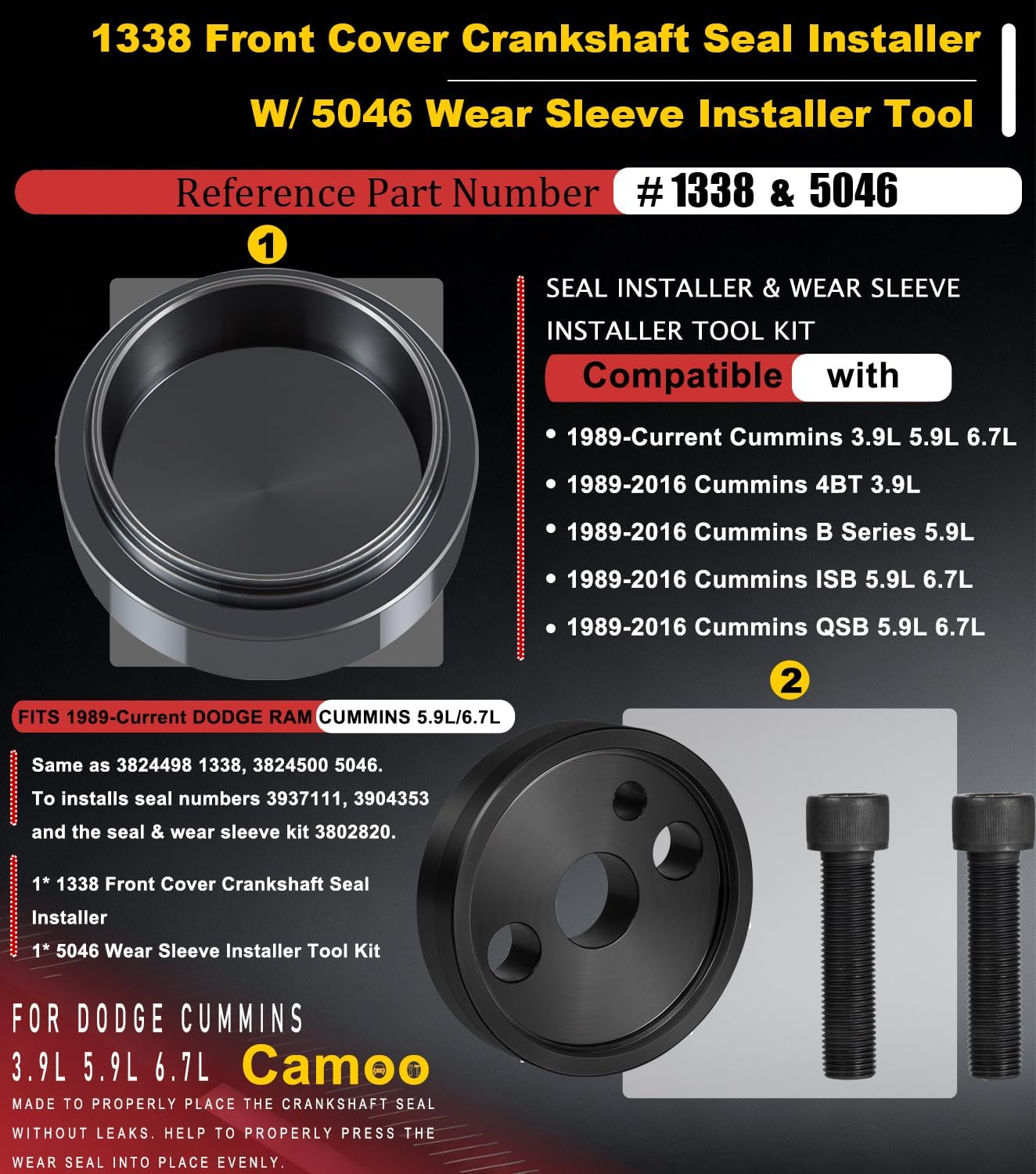 1338 Front Cover Crankshaft Seal Installer &5046 Wear Sleeve Installer Tool Kit for Dodge Cummins 3.9L 5.9L 6.7L Replace OE 1338/3824498, 5046/3824500 image number 5