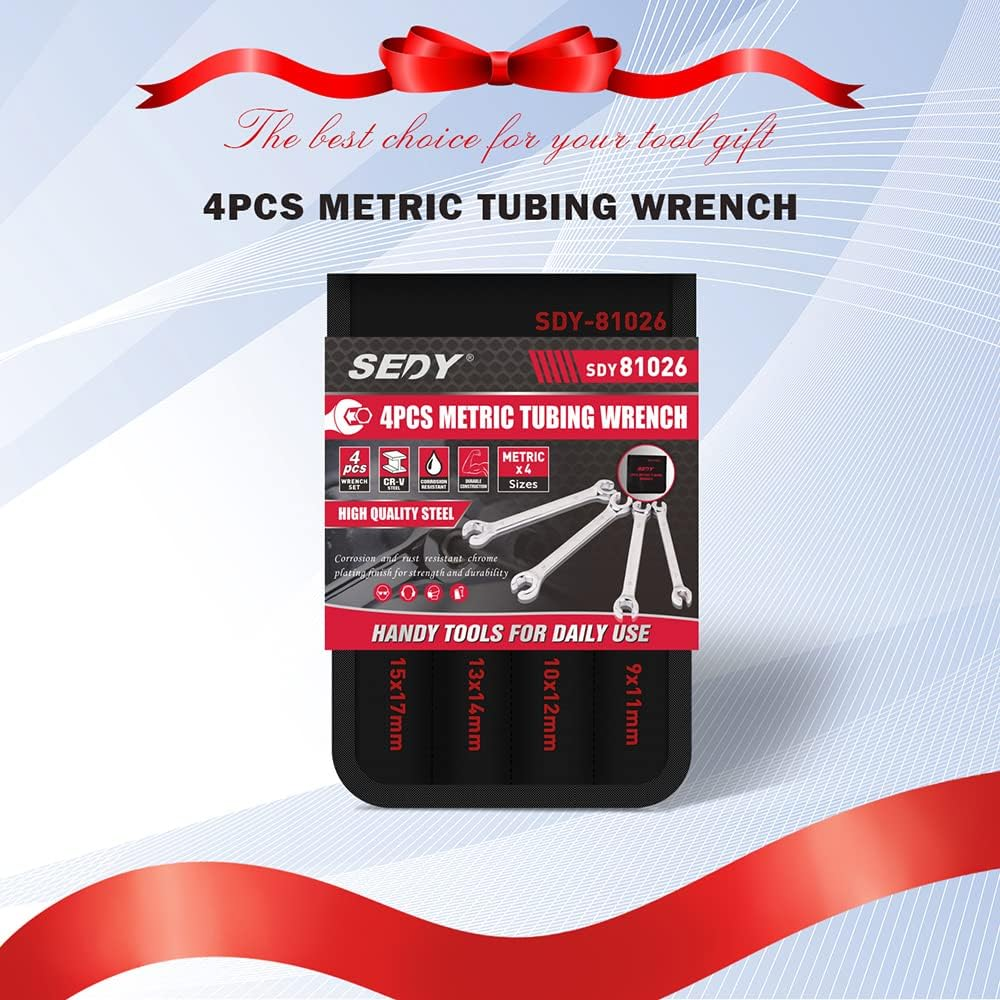 SEDY 4-Piece Flare Nut Spanner Set - Metric Wrench Spanner Chrome Vanadium Steel, 6-Point Design, Ergonomic Offset Heads, Portable Organizer Pouch Included (Metric) image number 3