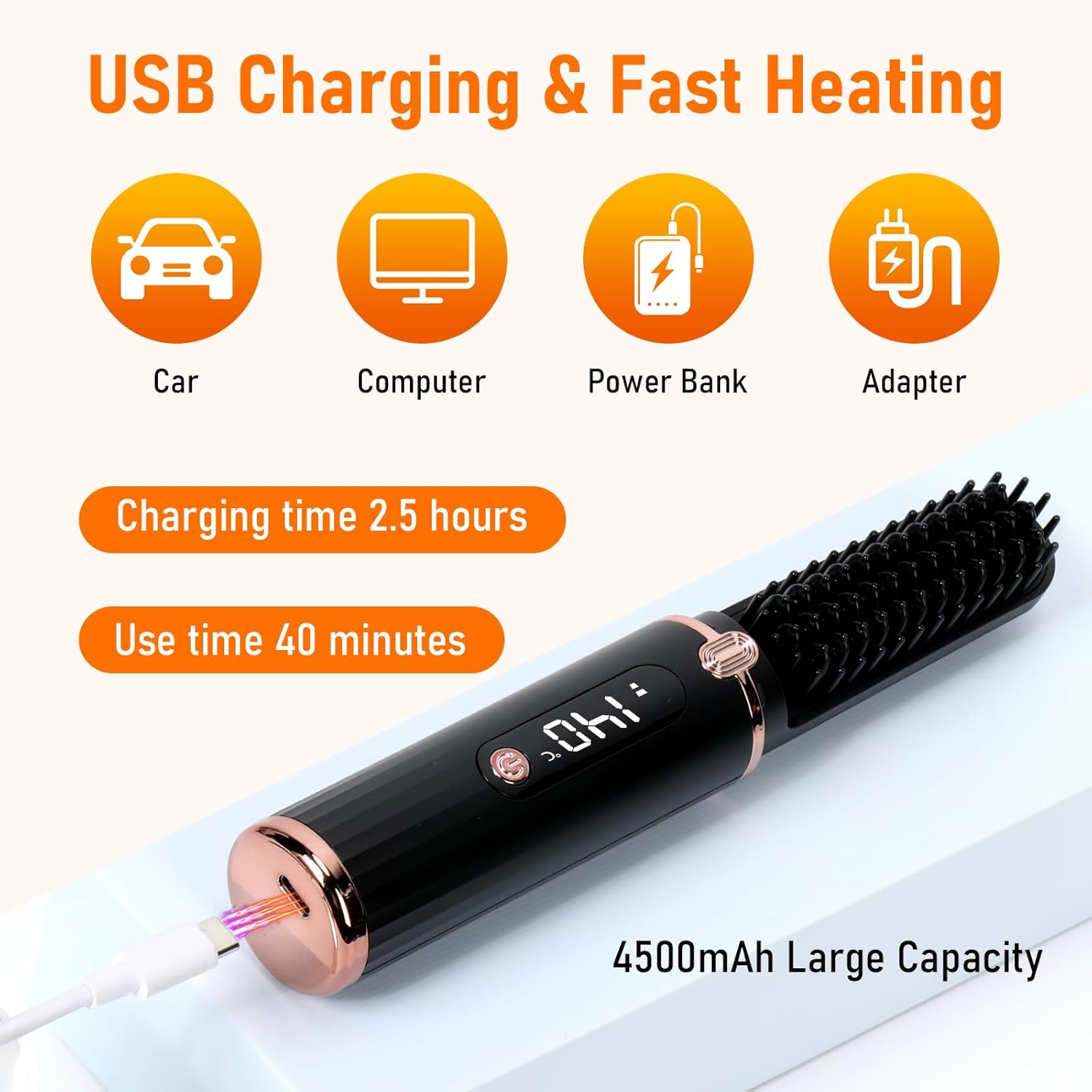 Cordless Hair Straightener Brush, Portable Hot Comb Hair Straightener Negative Ion Hair Straighteners Comb for Women 5 Temperature Beard Straightener Brush USB Rechargeable Anti-Scald Auto-Off