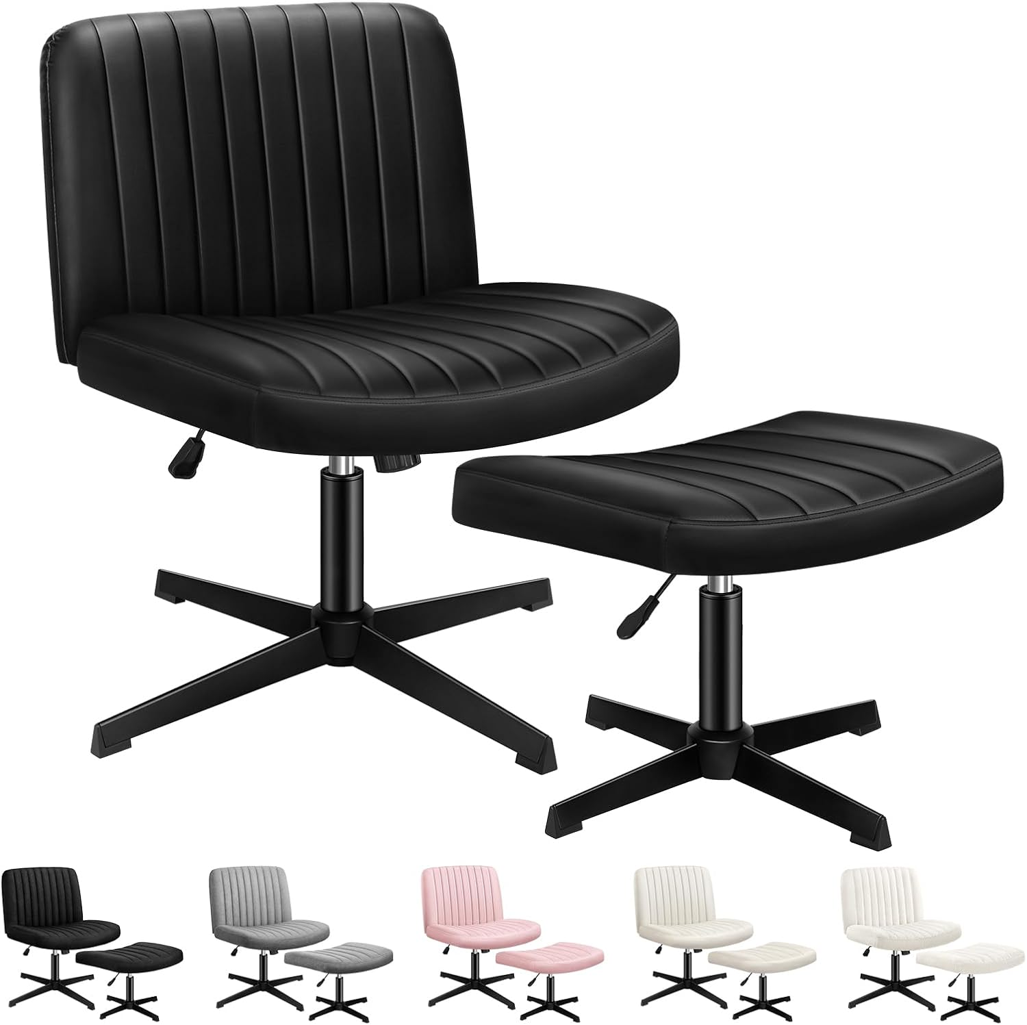 ALFORDSON Armless Criss-Cross Desk Chair with Ottoman Stool, Ergonomic Cross Leg Office Chair with Channel-Tufted Mid-Back Design, Tilt & Height Adjust and Swivel, 180Kg Max, Xavi PU Leather Black - Boucle White image number 6