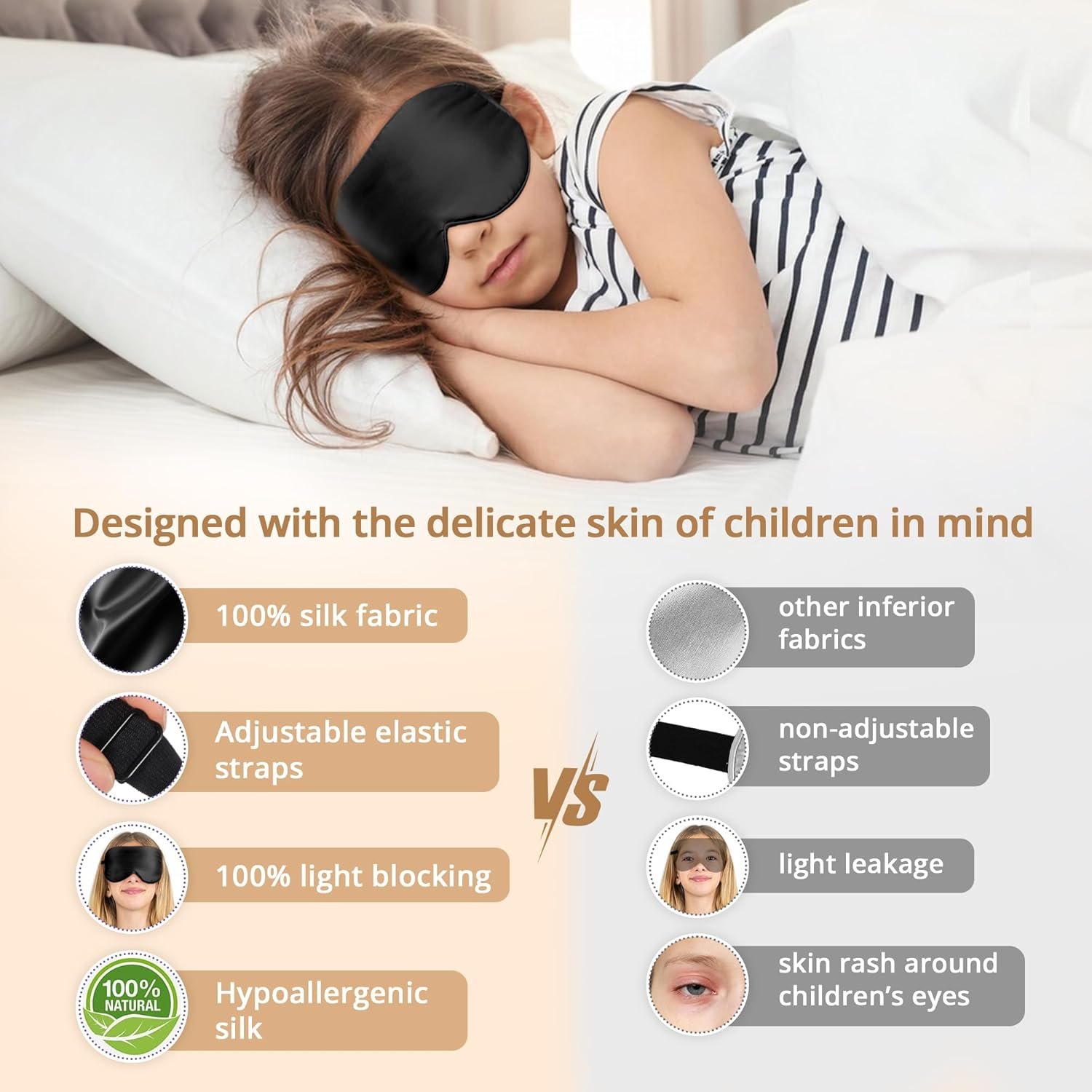 Kids Sleep Mask Eye Cover, 100% Real Natural Pure Silk Eye Mask with Adjustable Strap, Blindfold Kids Eye Mask for Sleeping, Eye Shade for Boys Girls and Adult, Pressure-Free Comfort (Black) image number 4