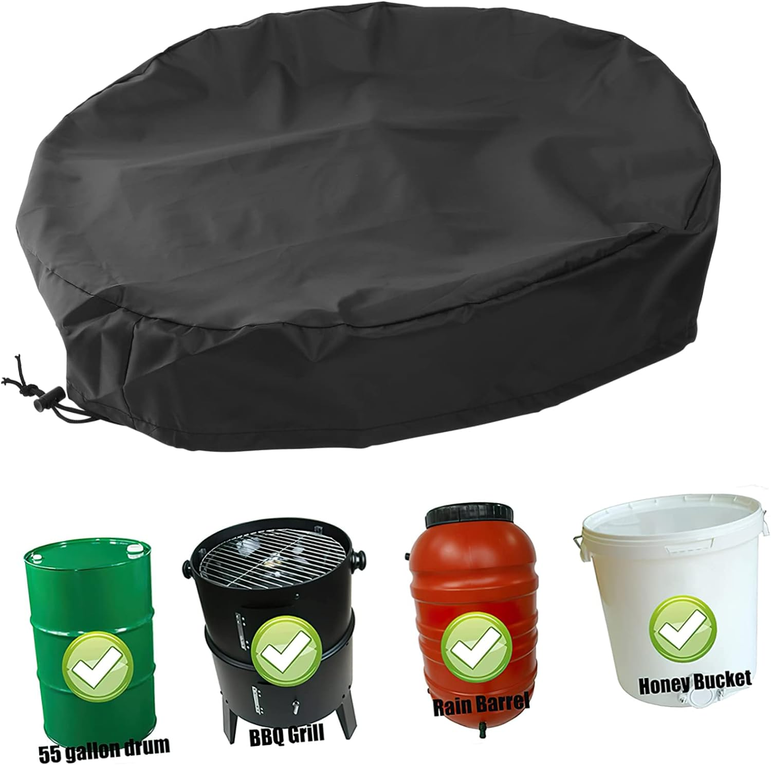 Oxford Cloth Cover with Drawstring, Waterproof Outdoor Rain Bucket Cover for Garden Water Tank, 210D Black Dustproof Seal Lid Protector 65X10Cm Random Color