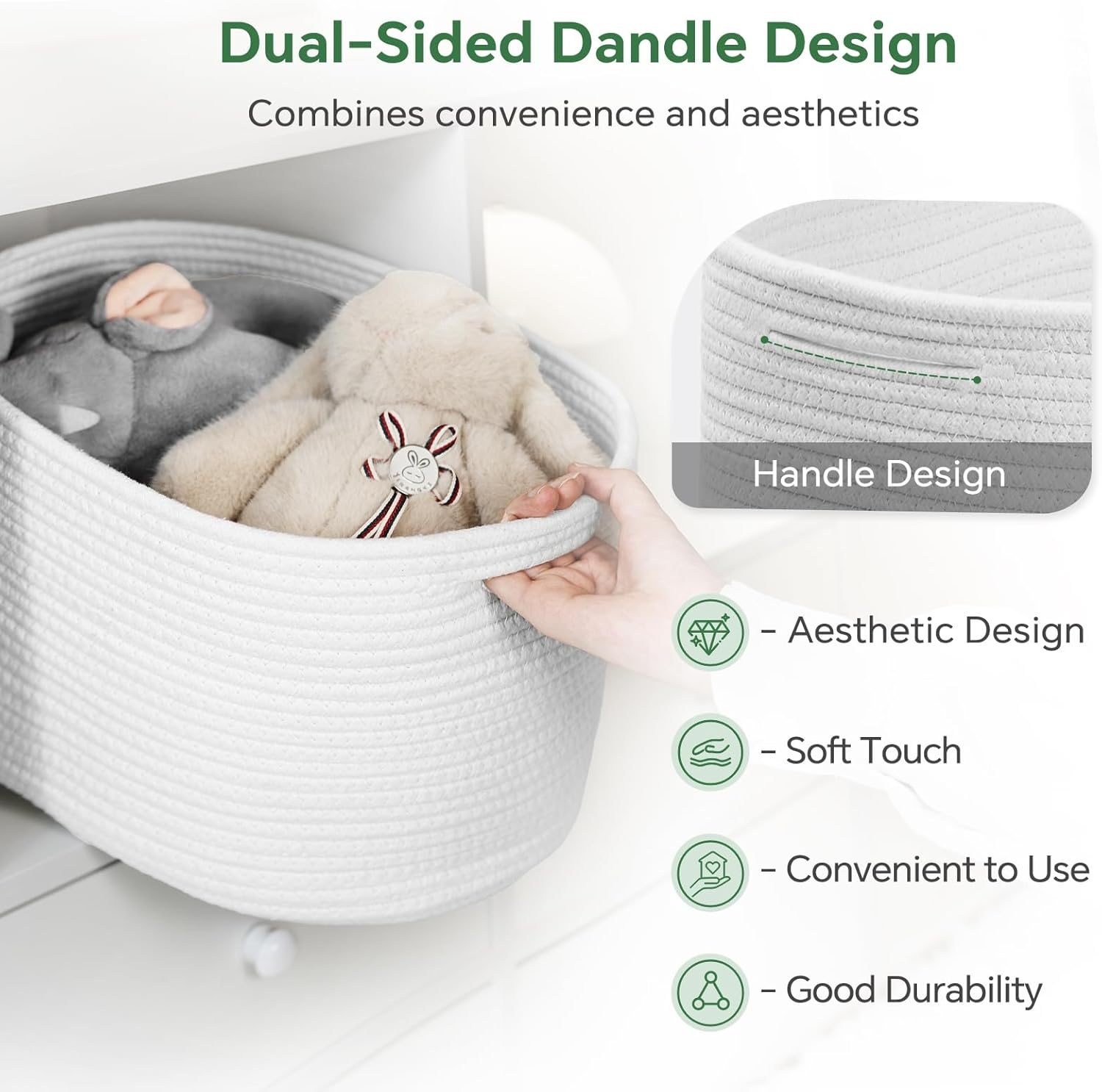 Woven Cotton Rope Storage Boxs with Hollow Handle (White, 3 Pack) image number 2