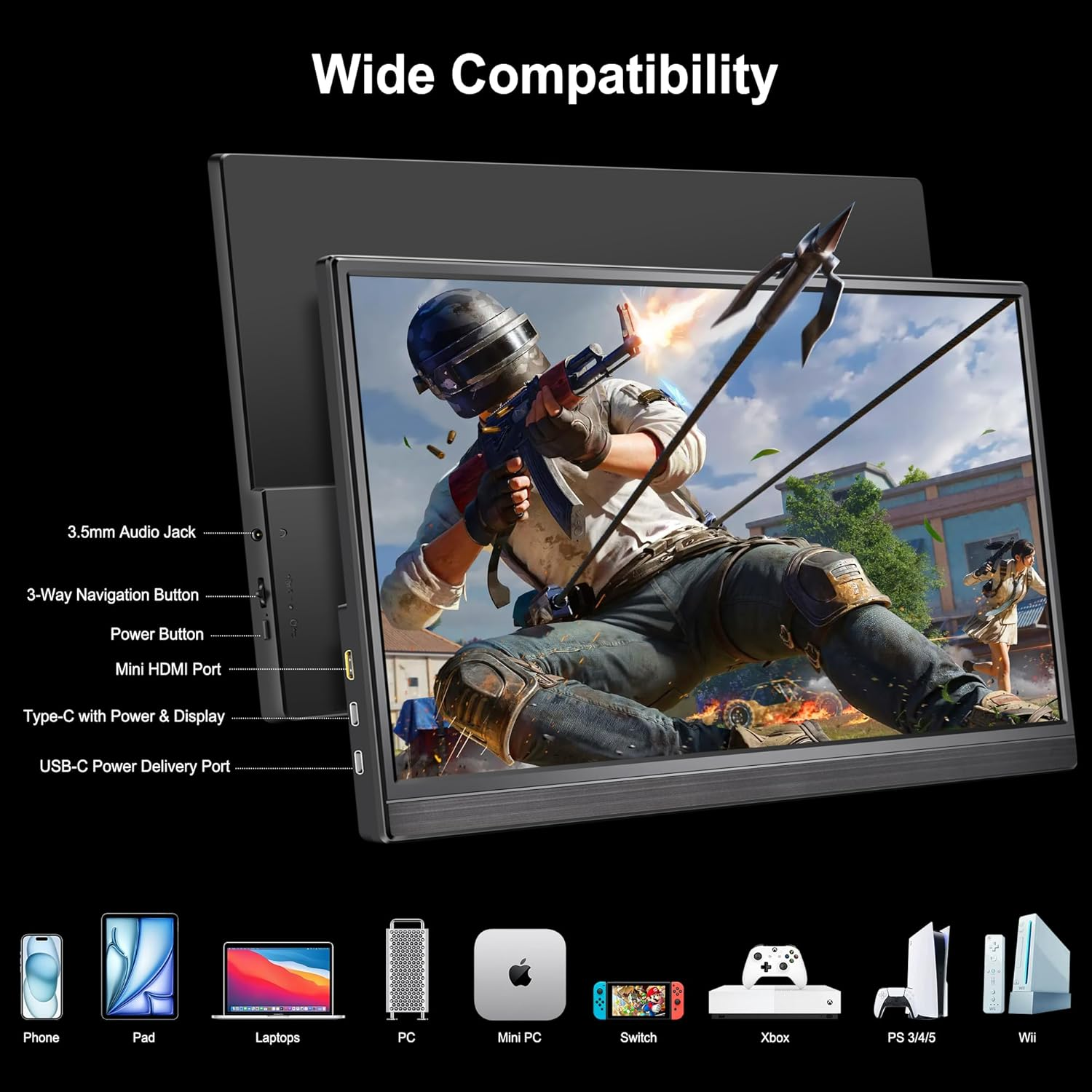 DANWIRT Portable Monitor 15.6" FHD 1080P IPS, USB-C/HDMI, Built-In Stand, Display for Laptop, PC, Mac, PS4/PS5, Xbox &ndash; Lightweight Travel Monitor image number 6