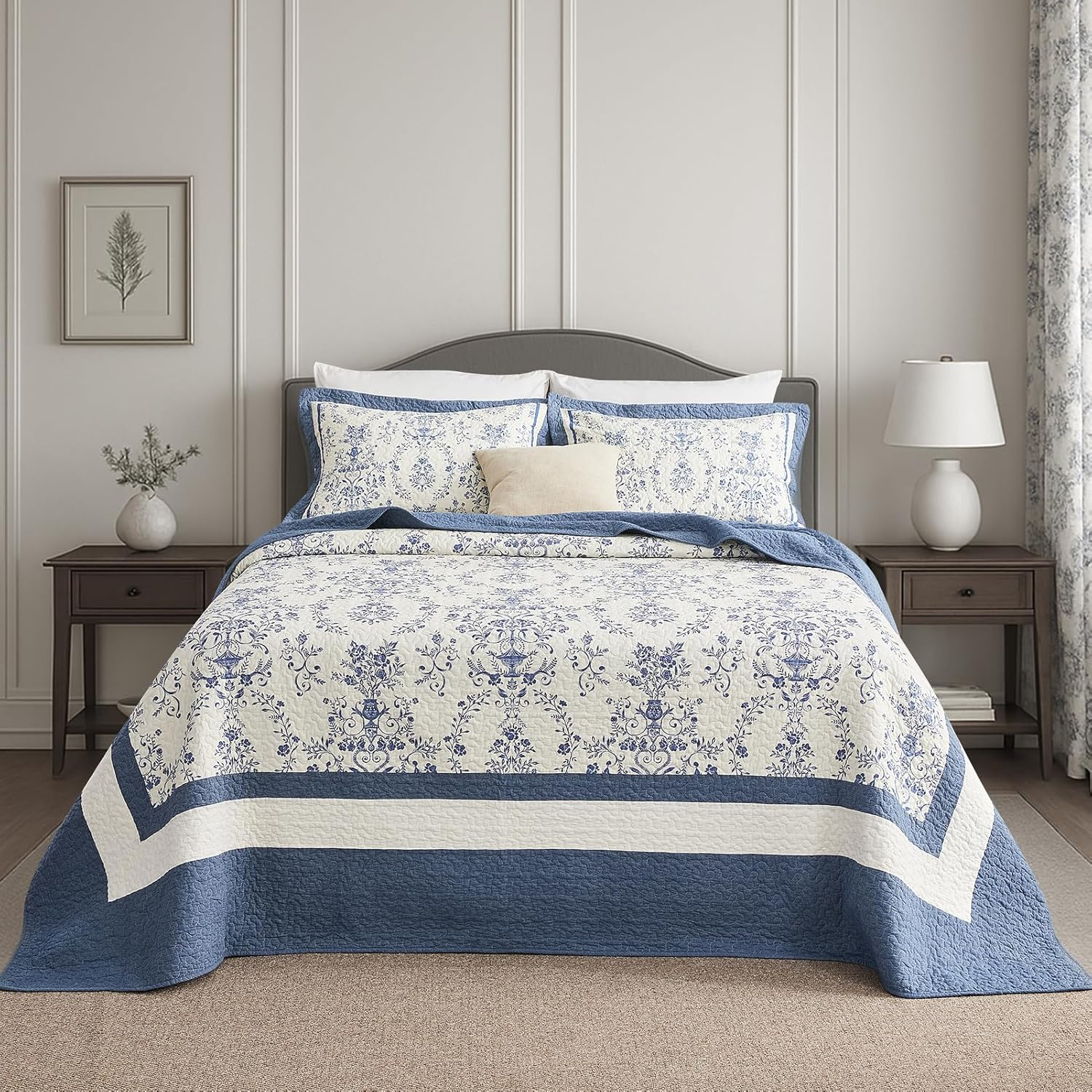 Quiltease Oversized King Bedspread - 120" Lx128 W Extra Wide - 100% Cotton Lightweight Vine Botanical California Quilt Sets - Reversible Super Bed Coverlet Set - Grayish-Blue/Light Gray