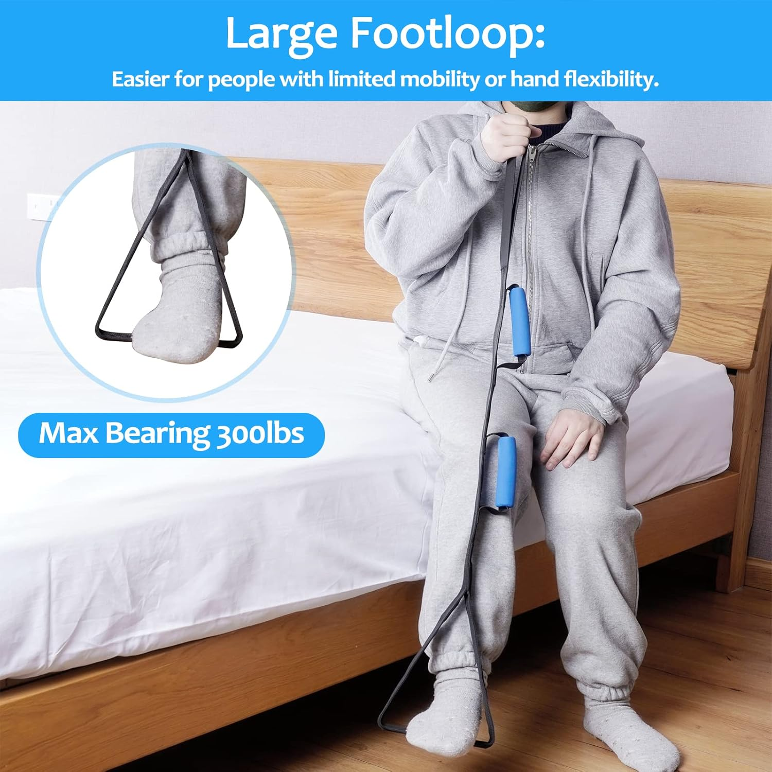 40 Inch Length Leg Lifter Strap,With 1.2M Aluminum Rod Embed,Large Foot Loop SS304 Tube Inside,Rigid Hand Straps with Multi Soft Foam Handles,Mobility Tool for Hip&Knee Replacement Surgery