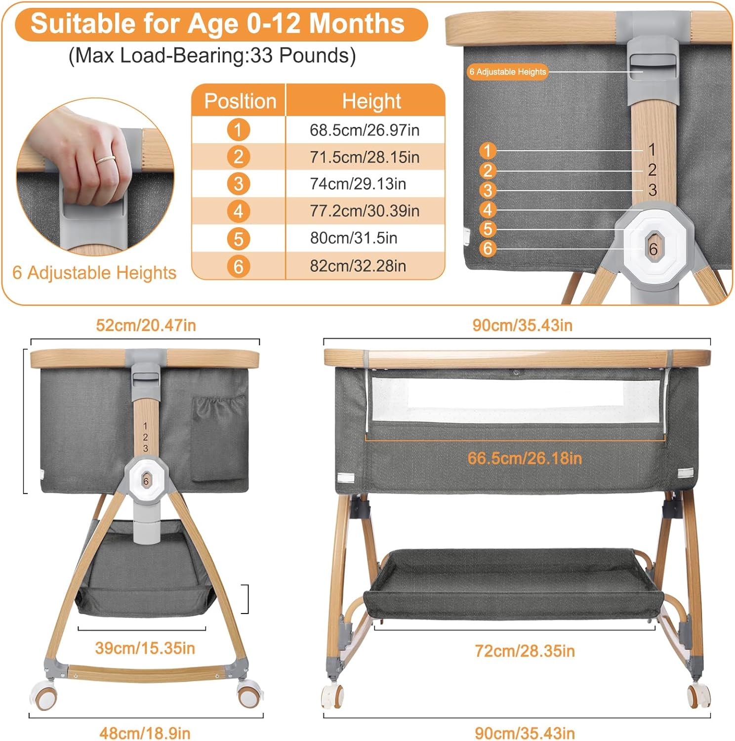 3 in 1 Baby Bassinet, Bedside Sleeper for Baby, Bedside Crib with Wheels & Storage Basket & Mosquito Net, Height Adjustable Baby Bed, Portable Bassinet for Newborn/Infant image number 2