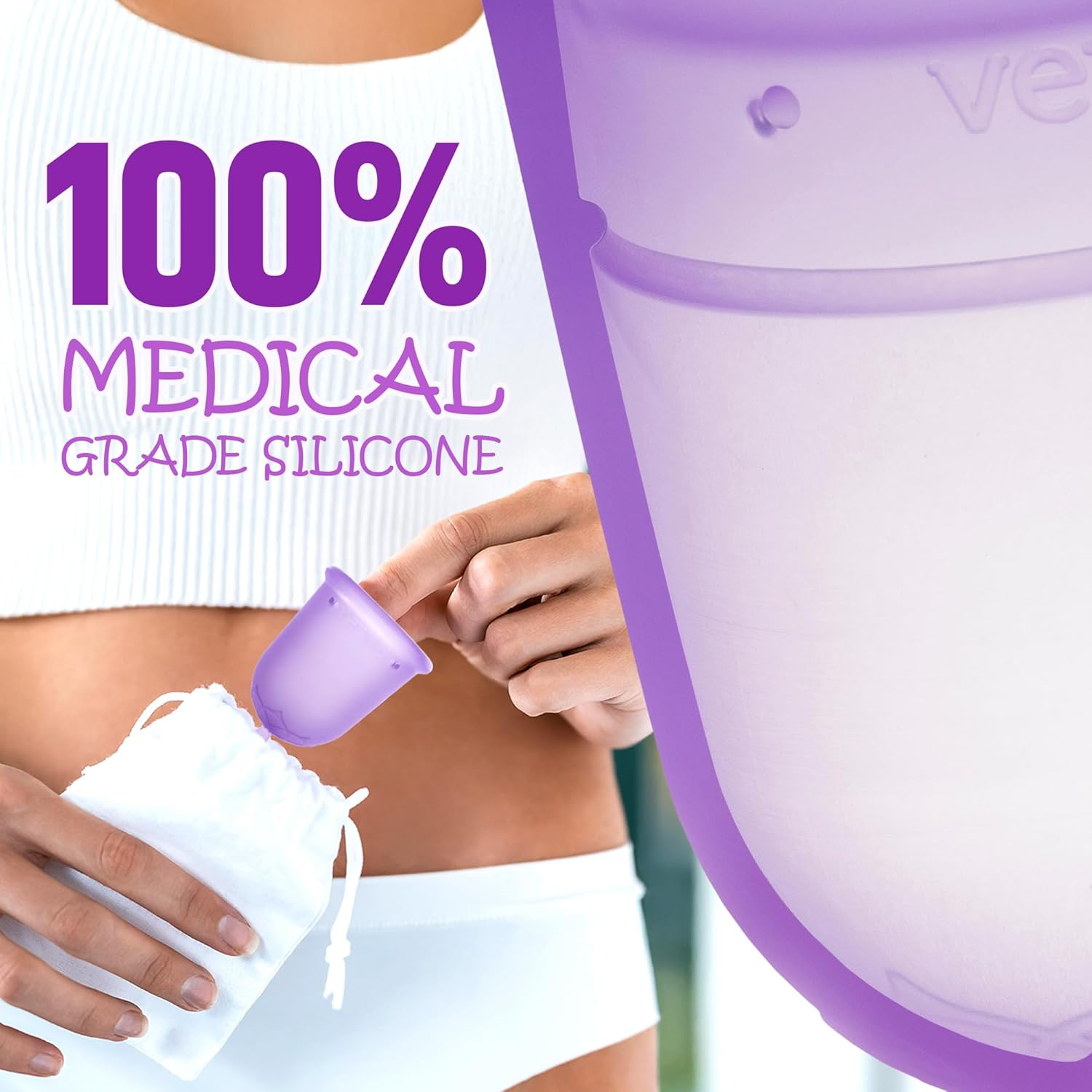 Venus Menstrual Cup - FDA Registered & 100% Medical Grade Silicone Reusable Period Cup - Unique Design to Ease Your Period Cycle - Large Capacity for Heavy Flow - Made in USA - Size Large - Purple image number 6