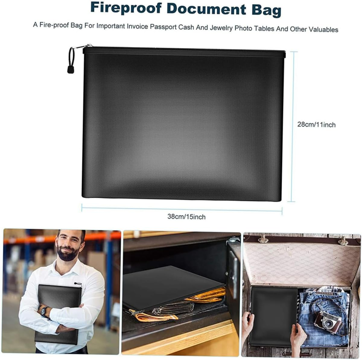Homoyoyo Fireproof Document Organizer Bag Fire-Resistant Money Pouch for Office Home Use Black Medium Secure Storage for Contracts Passports Certificates image number 6