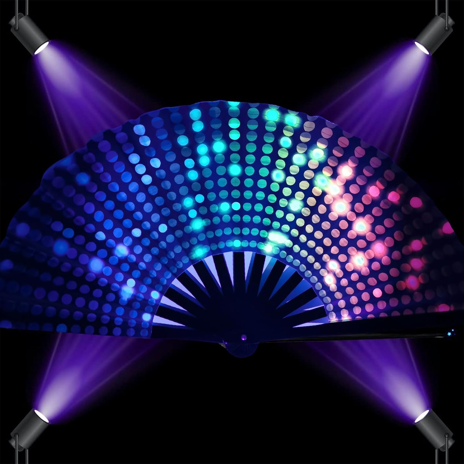13&lsquo;&rsquo; UV Glow Large Rave Fan for Men Women, Decorative Folding Hand Fan for Party, Home Decoration, Gift, Music Festival Essential, EDM Rave Accessories (Lightspot) image number 2