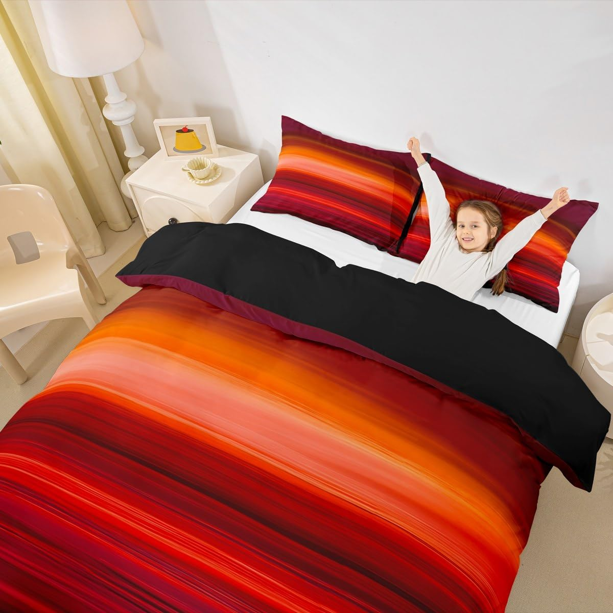 Red Print Comforter Cover Sunset Color Bedding Set Red Tropical Exotic Stripe Duvet Cover for Children Kids Boys Girls Microfiber Modern Design Bedspread Cover Room Decor Bedclothes Queen Size image number 3