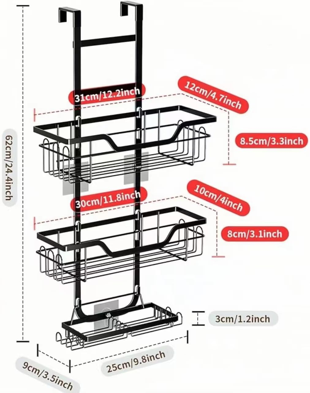 3 Tier over the Door Shower Caddy Hanging Shower Shelf with Soap Holder, Bathroom Hanging Shower Caddy over the Door Hanging Shower Basket with 4 Hooks, Toiletries Organizer for Bathroom Storage image number 4