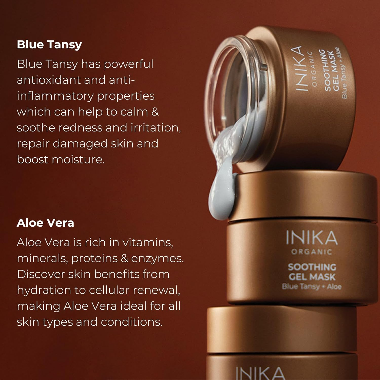 INIKA Organic Soothing Gel Mask | Instantly Calms. Luxurious Formula Cools & Repairs Damaged Skin. Vegan + Sensitive Ingredients. 50Ml image number 1