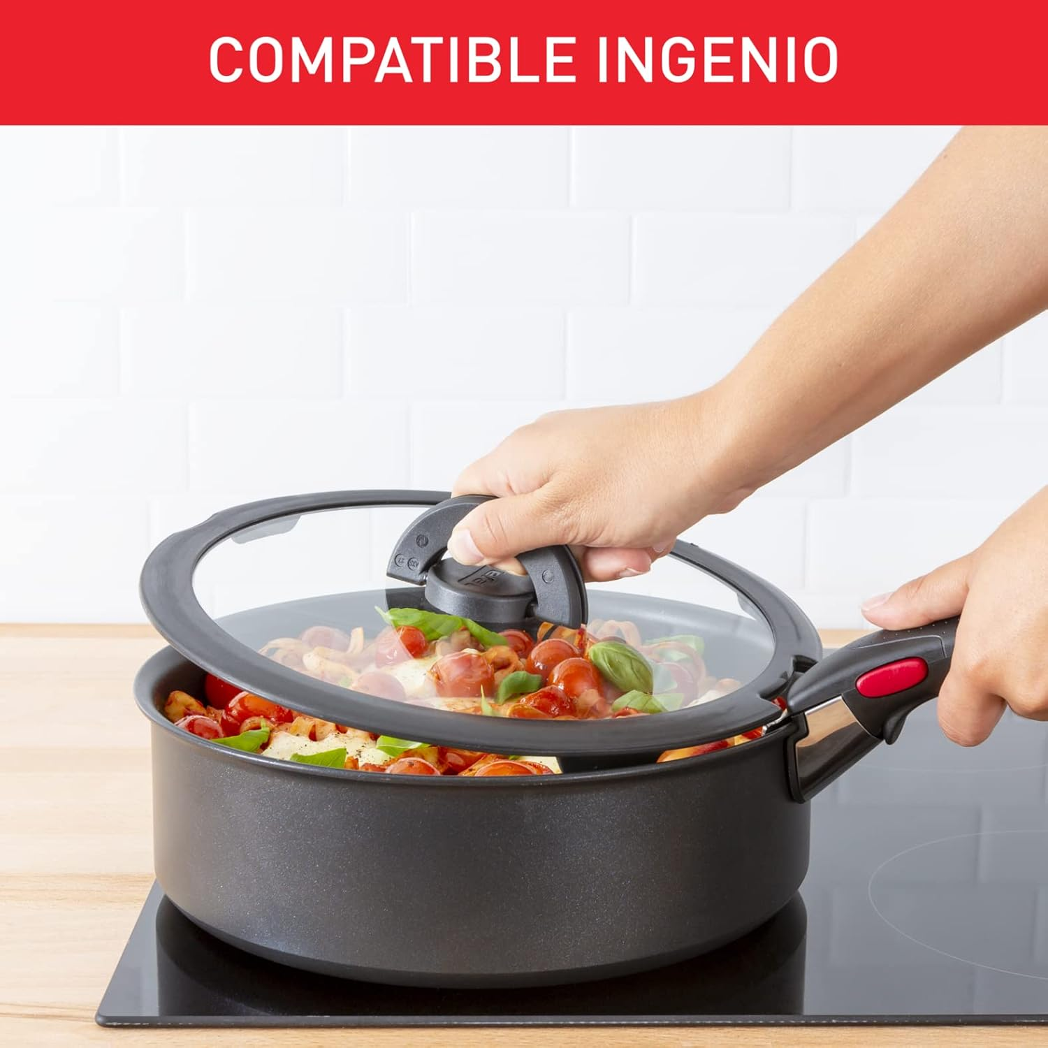 Tefal Ingenio Glass Lid, 18 Cm X 2.5 Cm, Space Saving Storage, Folding Handle, Faster Cooking, Ingenio Compatible, Dishwasher Safe, High Performance Cooking, L9846202, Black image number 3