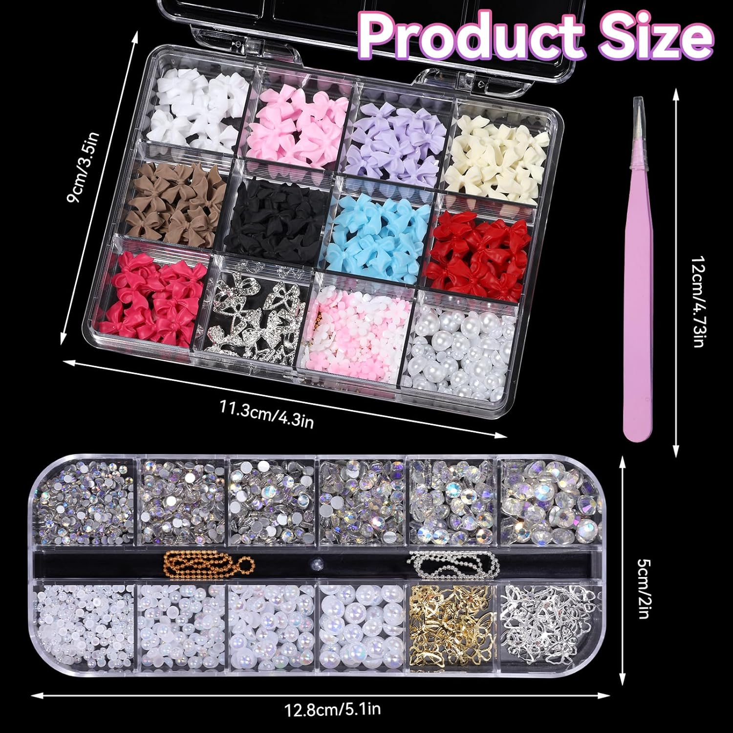 2 Boxes Mixed 3D Nail Charms and Rhinetones, Color Flower Bow Nail Art Charms, Half round Pearl Flatback AB Nail Gems, Butterfly Alloy Nail Charms DIY Nail Art Supplies Accessories image number 1