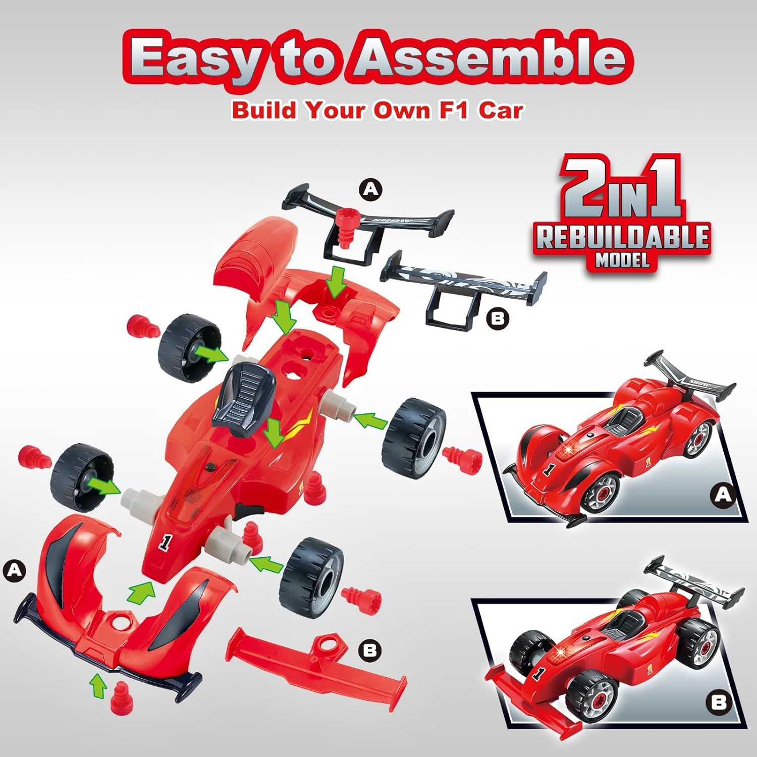 Pup Go F1 Construction Toy Racing Car - 24 Pieces with Realistic Sounds & Lights - 2 in 1 Easy Build Your Own Racing Car Kit with Electric Drill Tool - Take Apart Toys Gifts for 3+ Years Old Boys Kids - Blue image number 5