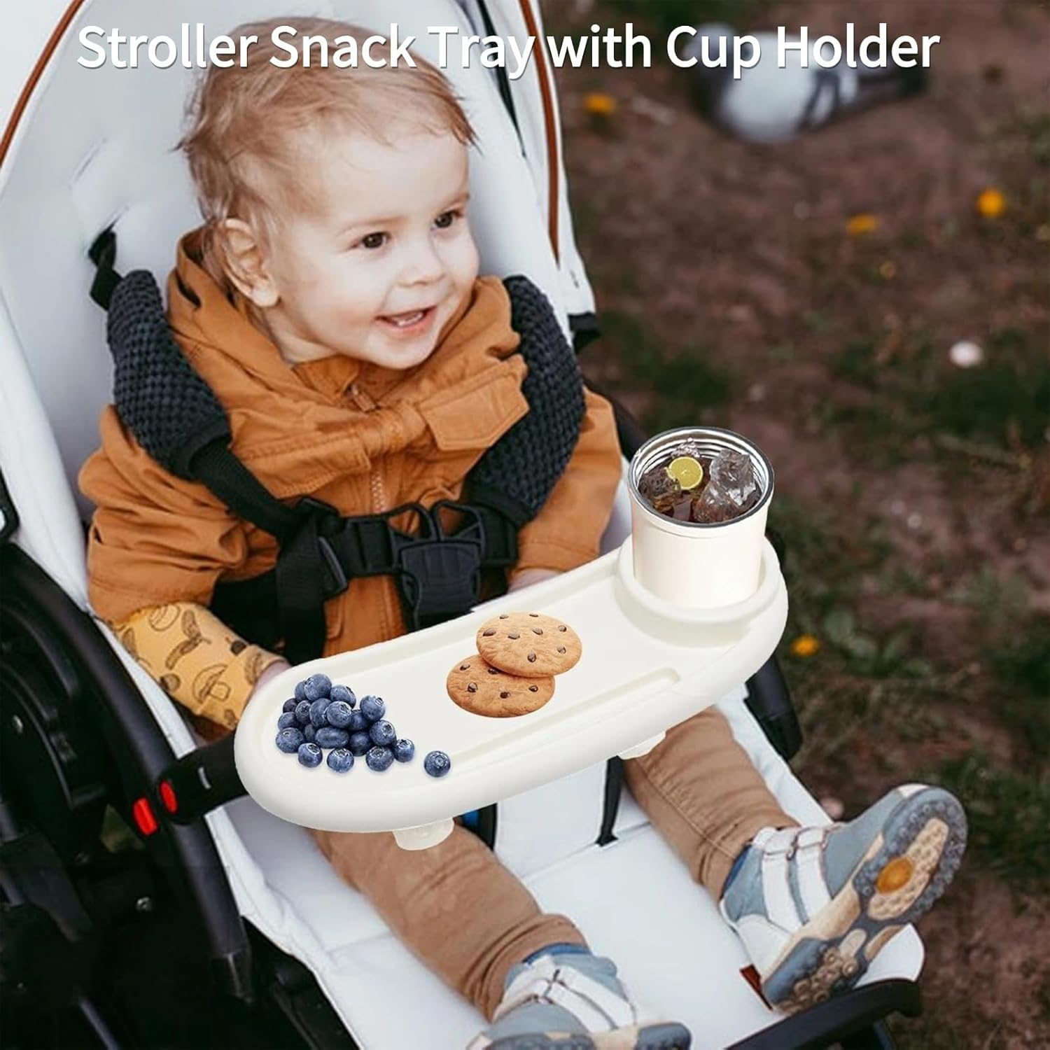 Universal Stroller Snack Tray with Cup Holder, Removable & Adjustable Stroller Organizer for Snacks, Phone, Drinks, Fits Most Prams and Strollers, Multi-Functional Stroller Accessory image number 4