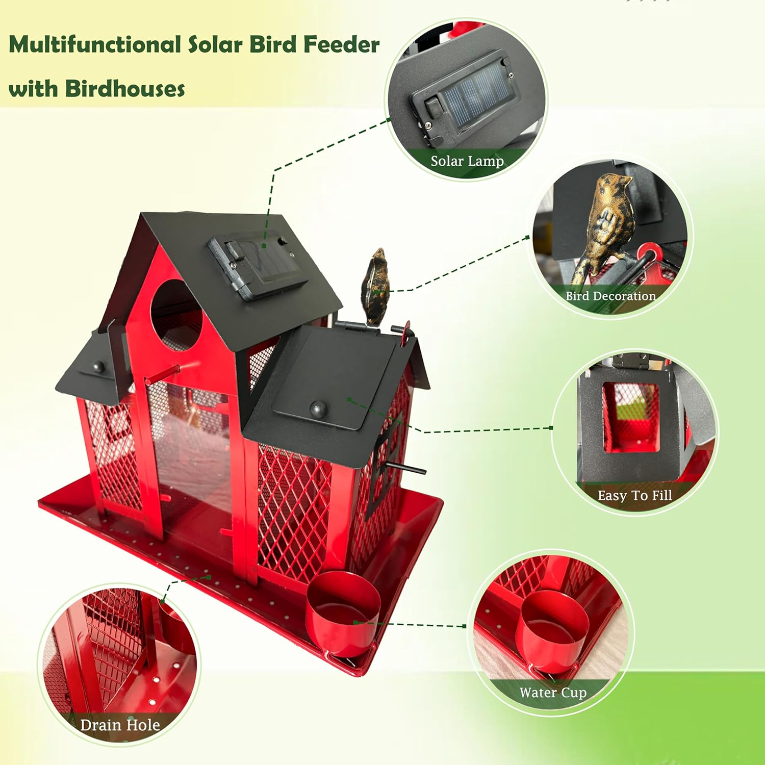 Bird Feeder Solar Bird Feeders House for outside Hanging, Metal Wild Bird Feeder for Outdoors, Large Capacity Birdhouse Bird Feeders (Cute House-Red) image number 6
