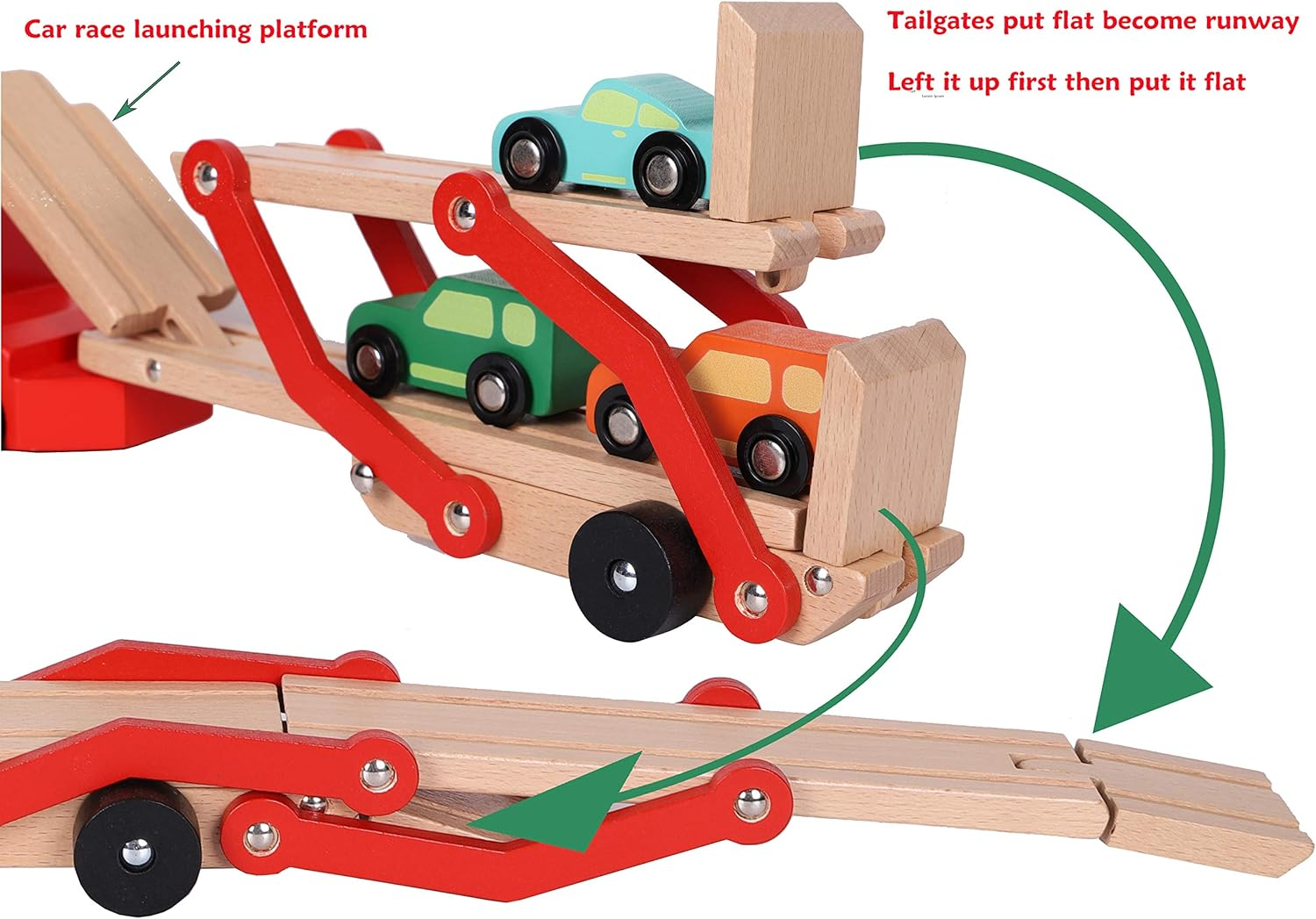 TOWO Wooden Car Transporter Toy Double Decker Trailer with 4 Cars Ramp Racer - Wooden Car Toy Truck Carrier for 3 Years Old Boys Vehicle Toys for Kids