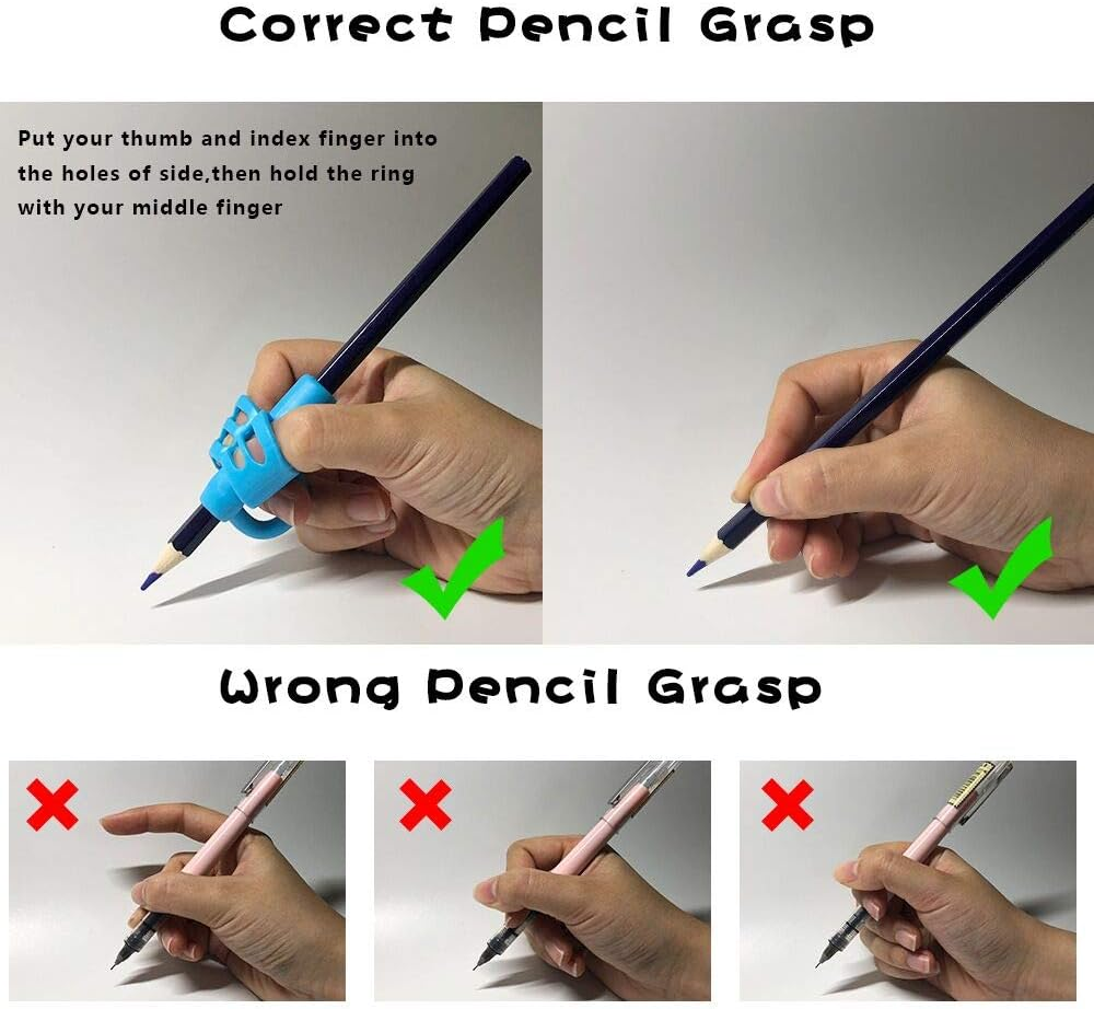 Pencil Grips（New, KOABBIT Children Pen Writing Aid Grip Set Posture Correction Tool for Kids Preschoolers Children,Hollow Ventilation Colorful (3 Pack) - Green,Orange,Blue image number 2