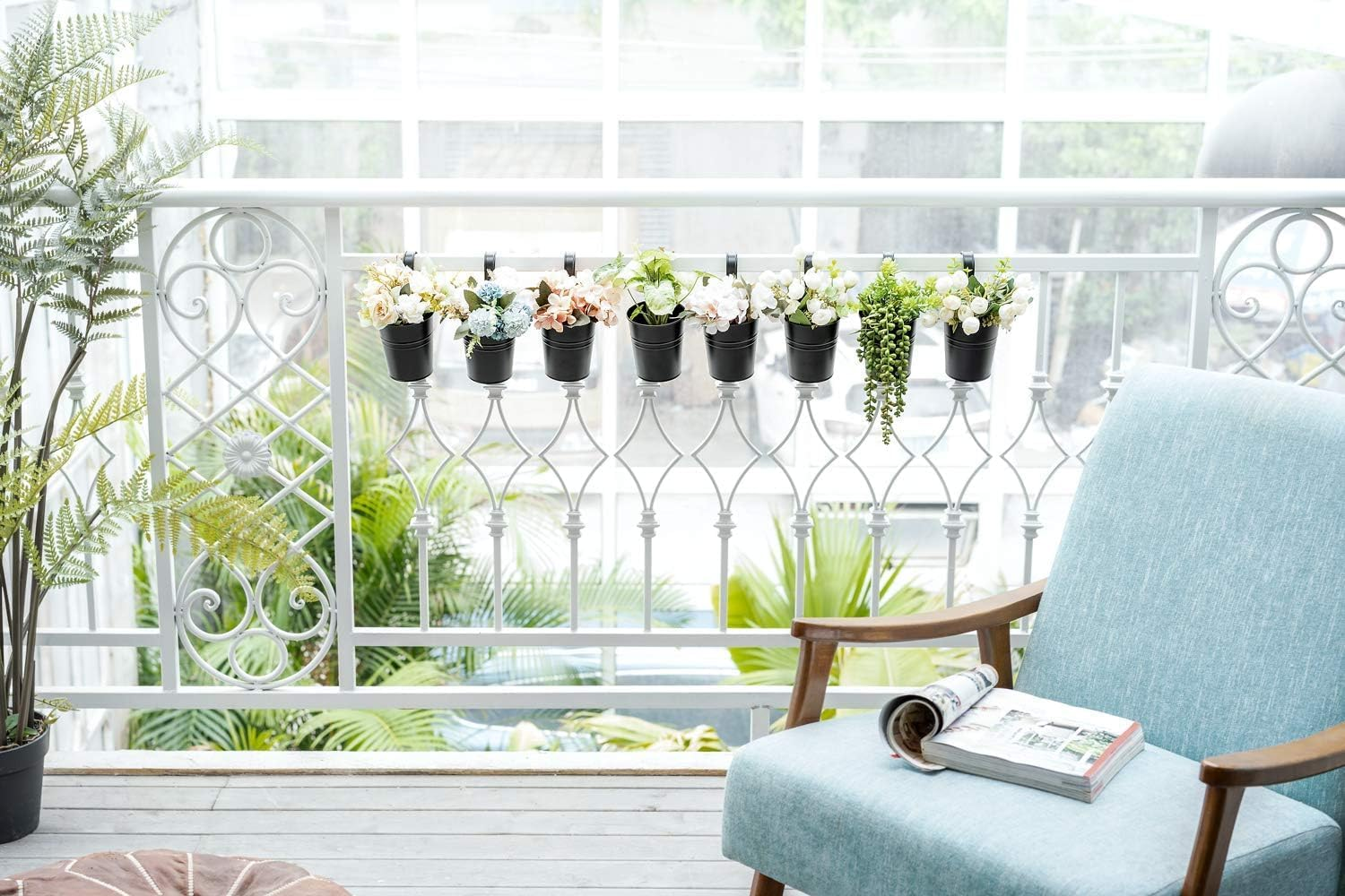 8 PCS Black Metal Hanging Flower Pots Iron Bucket Planters for Balcony Railing and Fence &ndash; Decorative Flower Holders with Removable Hooks, 4 Inch (Black) image number 6