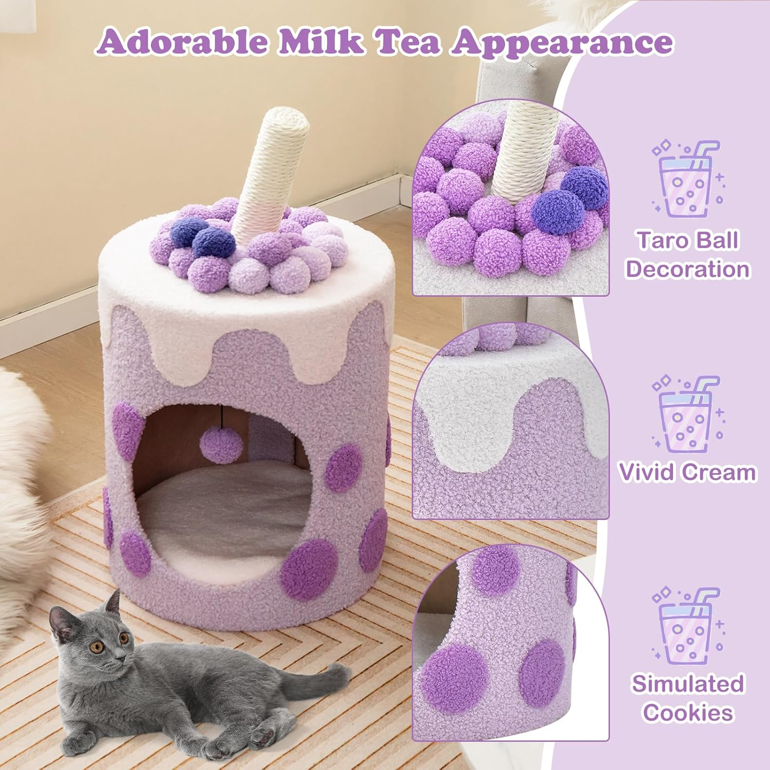 Costway Bubble Tea Cat Tree Tower Cat Condo Furniture W/Scratching Post Dangling Ball Toy Multifunctional Cat Furniture Indoor Cats Cute Kitten Activity Center (Purple & White) image number 4