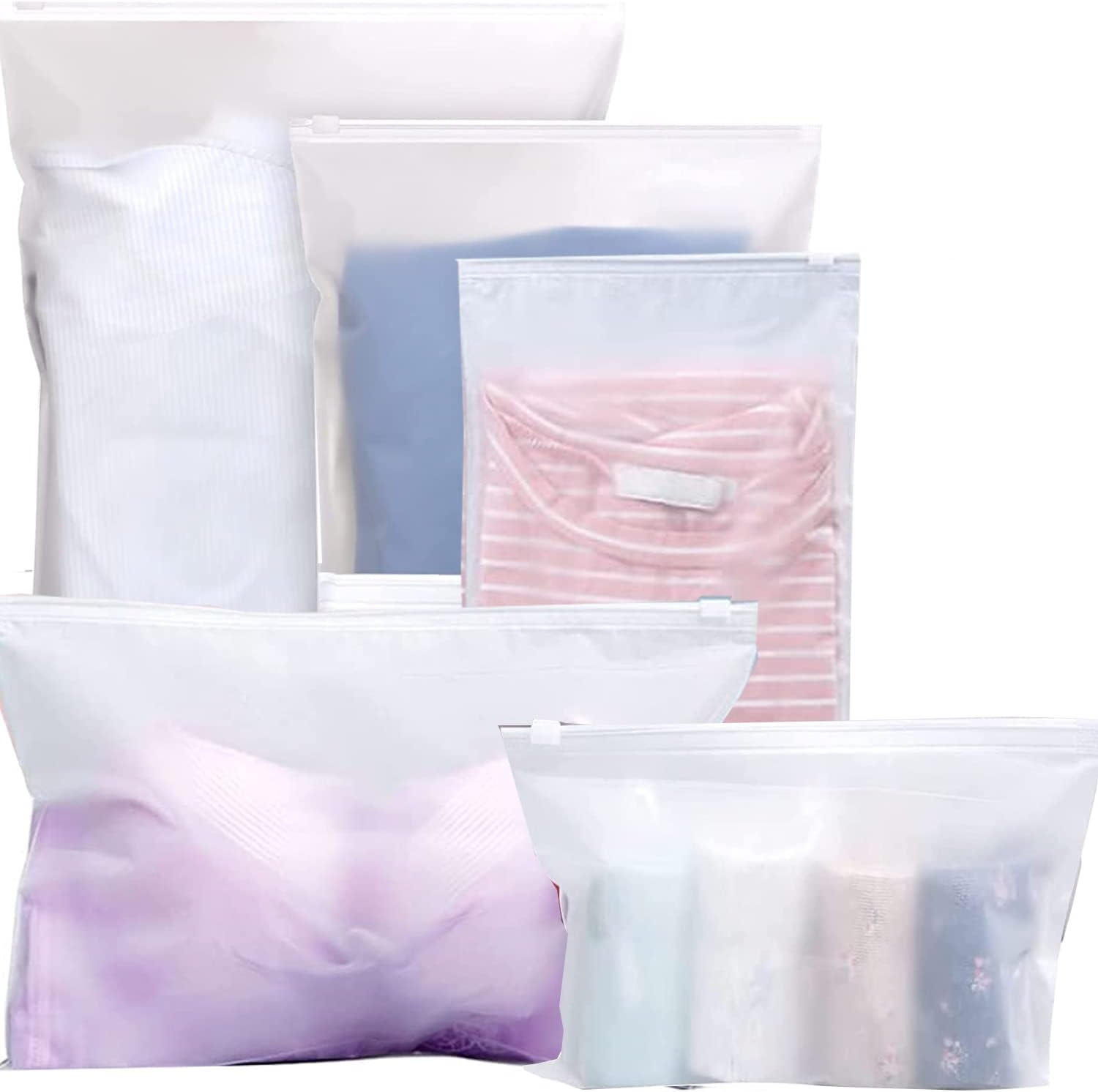 GQC 16 Pcs Frosted Resealable Bag Plastic Zip-Lock Seal Clothes Bags Travel Space Saver Storage Waterproof Luggage Organiser Pouch for Clothes Garment School Trip (5 Size Mixing) image number 2