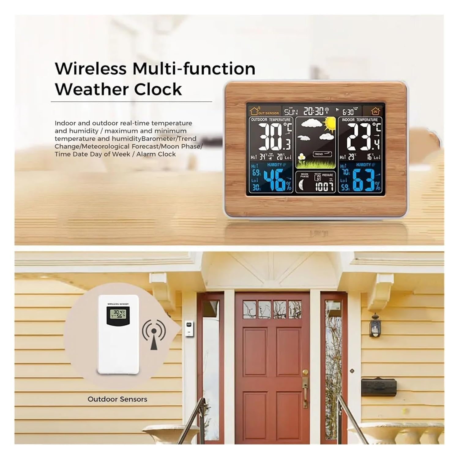 Weather Station Wireless Indoor Outdoor Thermometer, Color Display with Barometer, Calendar, Adjustable Backlight image number 3