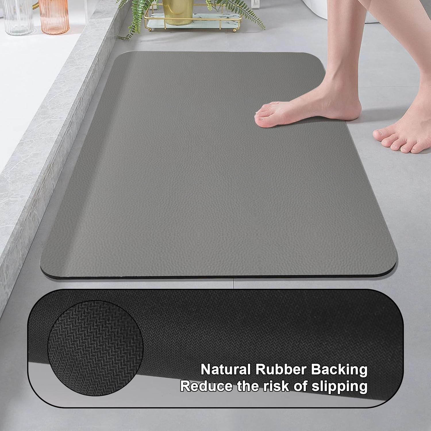 Bath Mat Quick Dry Absorbent Bathroom Rugs Non Slip Thin Bath Mat Rubber Backing Washable Fit under Door Mat Bath for Bathroom Floor Mats-Shower Rug (Light Grey, 43 X 120 Cm)