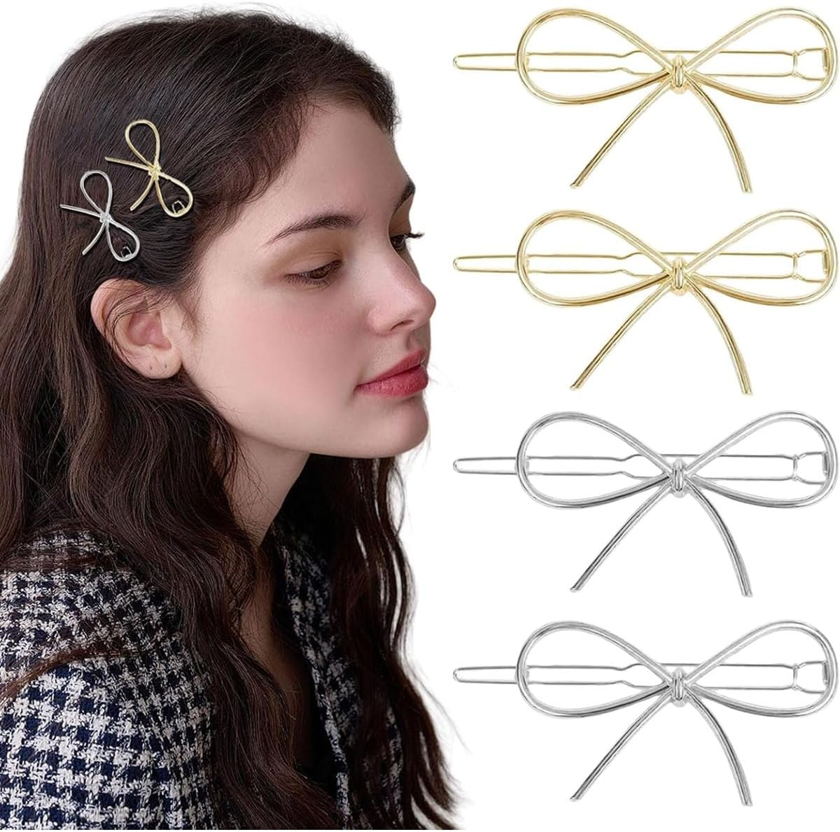 BPTRKOM Pack of 4 Hair Clips Bow - Hair Clips with Metal Bow for Women and Girls, Chic, Simple, Fashionable, Hair Clips Women'S Metal Retro for Wedding Party Girls (Gold, Silver) image number 5