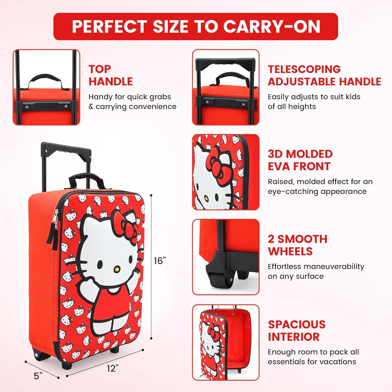 Fast Forward Hello Kitty 16" Soft Luggage - Cute & Durable Carry-On Suitcase for Travel, Kids Suitcase, 16" Soft Luggage, Pink, White, Hello Kitty Print, Easy-Glide Wheels, Retractable Handle image number 2