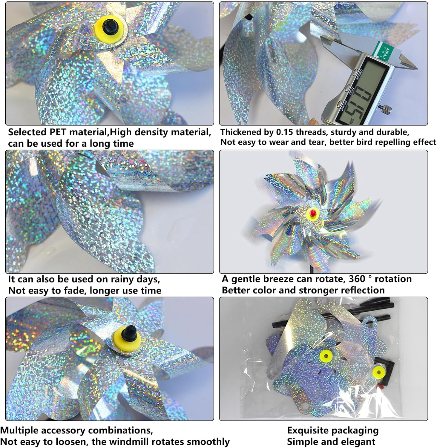 Bird Blinder Repellent Pinwheels - 10 Pack Reflective Pinwheels with Stakes, Extra Sparkly Pinwheel for Garden Decor, Bird Devices Deterrent to Scare Birds Away from Yard Patio Farm image number 2