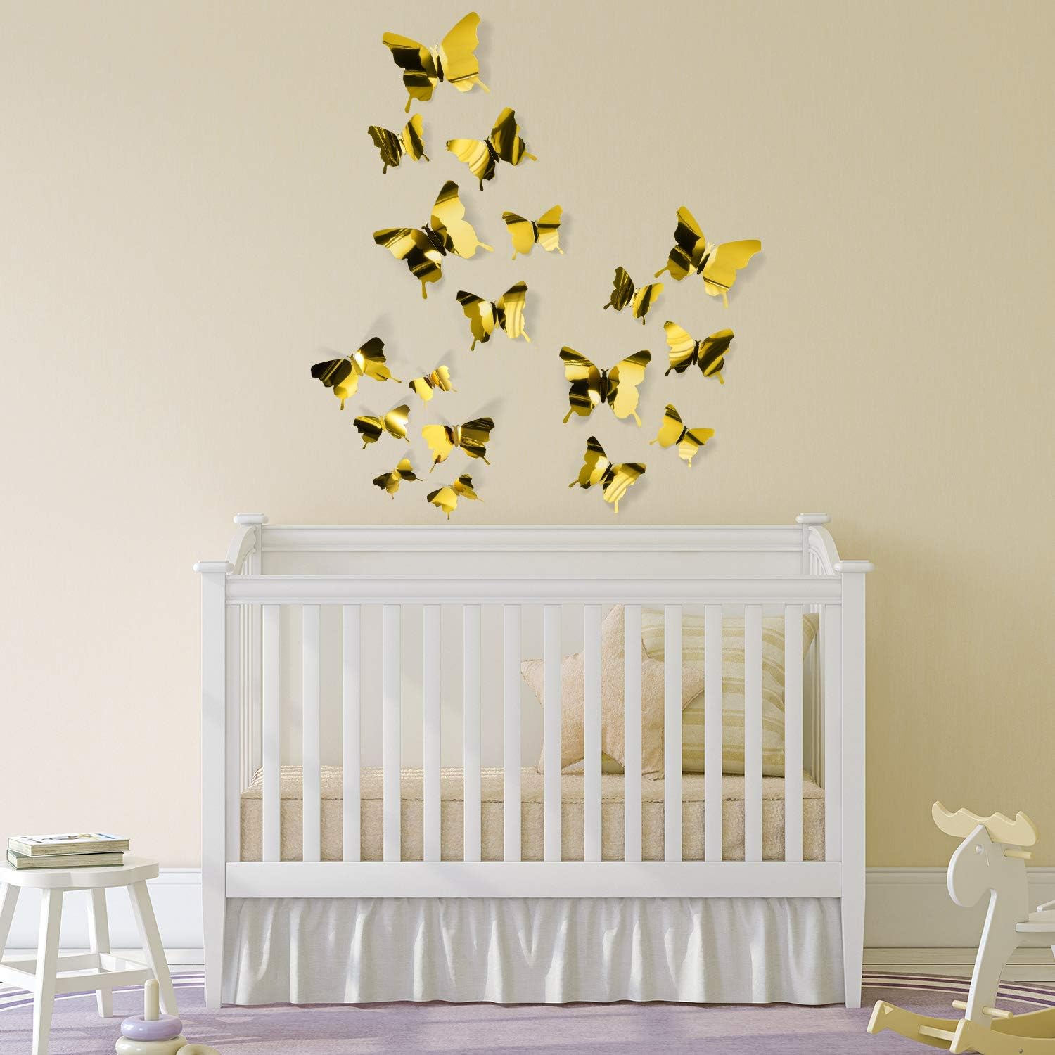 BBTO 48 Pieces Butterfly Wall Decor DIY Mirror 3D Butterfly Stickers Removable Decals for Home Bedroom School Bathroom Living Room Decor(Gold) image number 5