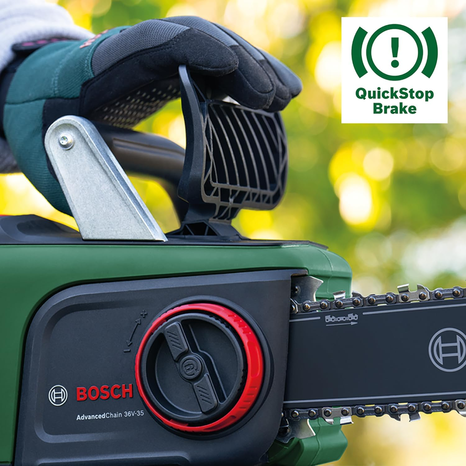 Bosch 36V Cordless Brushless Chainsaw without Battery, 35Cm Bar, Opticut Speed Control, Quickstop Brake, Cutting through Tough Hardwood, Chain Speed: 14 M/S (Advancedchain 36V-35-40). Made in Europe image number 6