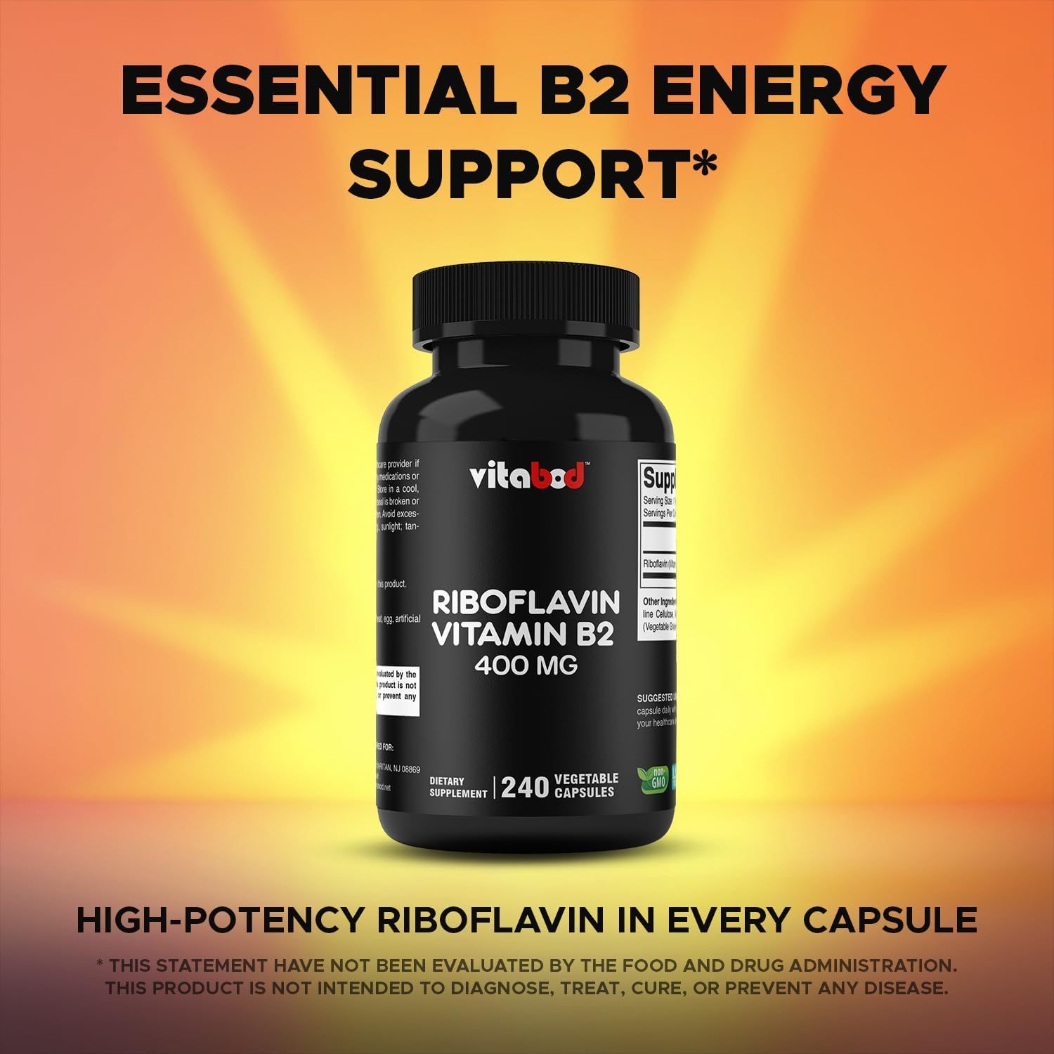 Vitamin B2 (Riboflavin) 400 Mg 240 Vegetarian Capsules - Support Cellular Energy and Red Blood Cell Production
